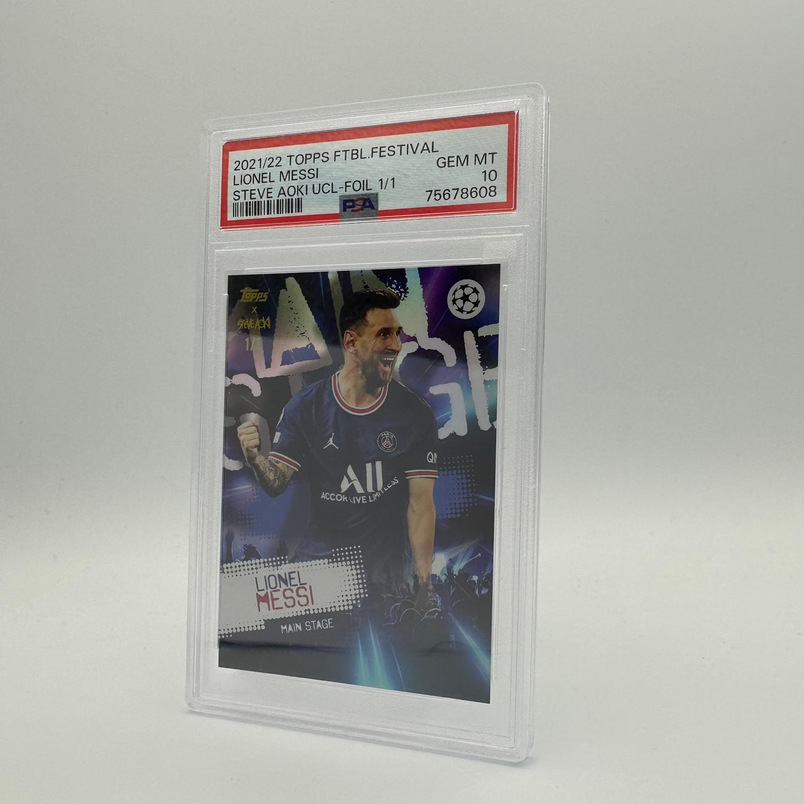 PSA 10 Lionel Messi & Steve Aoki 1/1 Football Festival Foil Card - Rare Collectible for Soccer Fans & Memorabilia Enthusiasts - Perfect for Display, Investment & Sports Collections