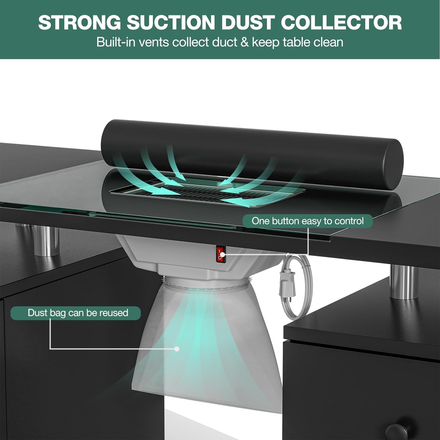Professional Manicure Table with Glass Top - Electric Downdraft Ventilation, Wrist Cushion, Lockable Wheels & Storage Drawers - Perfect for Nail Salons, Home Studios & Mobile Nail Technicians (Black-Glass Design)