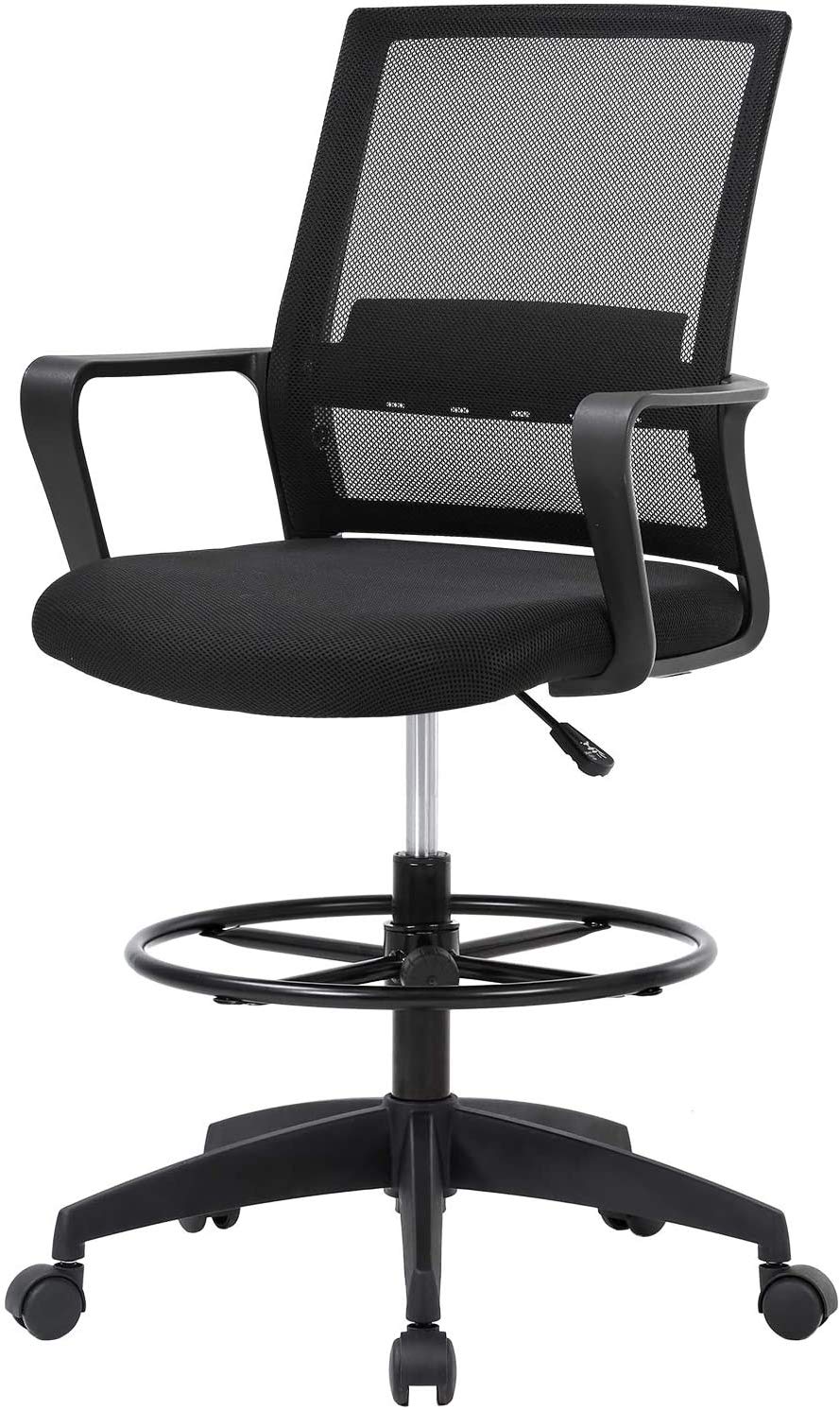 Ergonomic Adjustable Height Drafting Chair for Home Office - Tall Standing Desk Chair with Lumbar Support, Arms & Footrest - Mid Back Mesh Computer Chair with Swivel Base - Perfect for Architects, Designers & Long Work Sessions (Black)