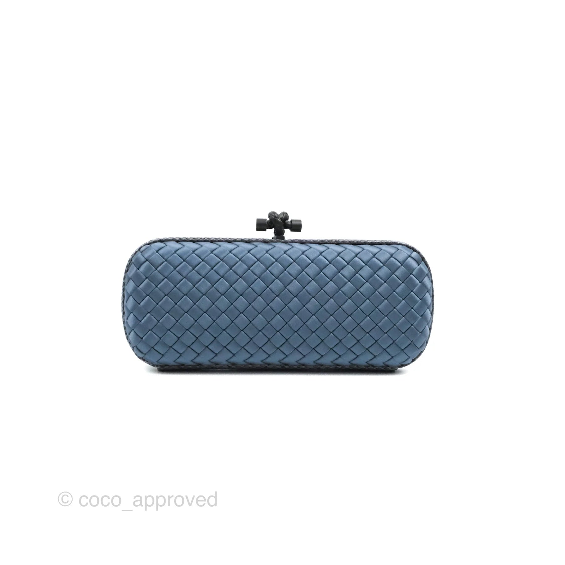 Bottega Veneta Ayers Satin Intreccio Stretch Knot Clutch Bag in Navy Blue | Luxury Evening Clutch for Women | Perfect for Parties, Weddings & Special Occasions