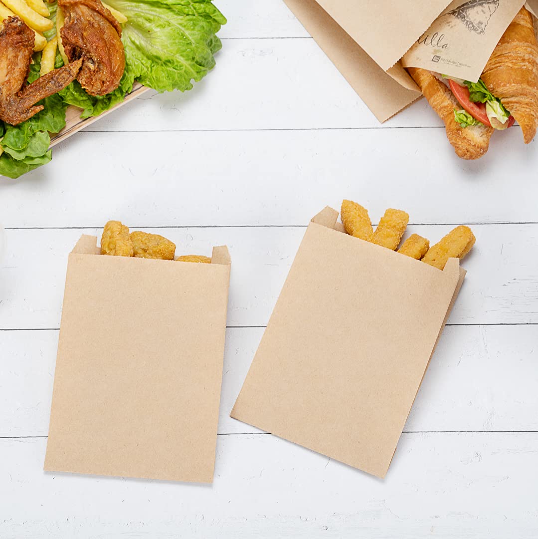 100-Pack 4.3x1.6x6.3 Inch Brown Kraft Paper Snack Bags - Greaseproof Disposable Food Bags for French Fries, Popcorn, Cookies & More | Perfect for Restaurants, Movie Nights & Takeout