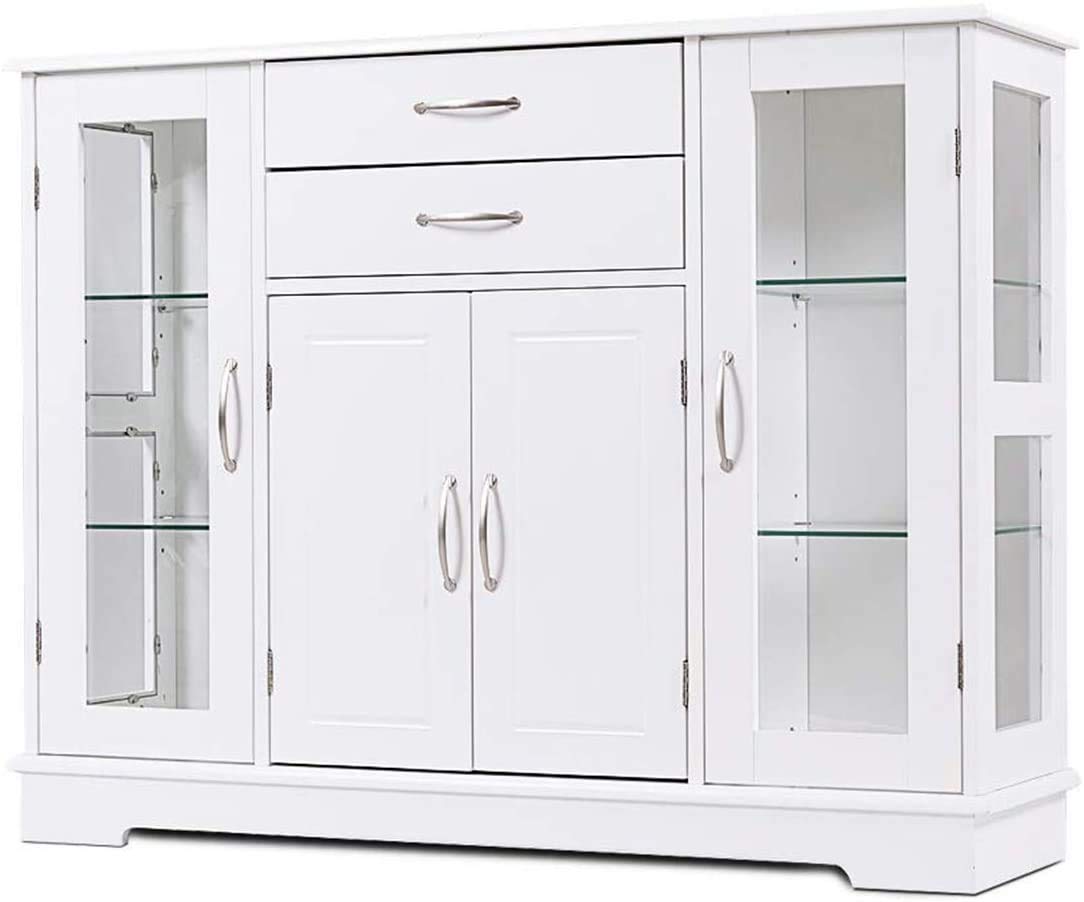 Moccha White Sideboard Buffet Cabinet with Adjustable Shelves & 2 Drawers - Kitchen Storage Cupboard with Glass Door for Dining Room, Living Room, Hallway - Perfect for Entertaining Guests & Organizing Dishes
