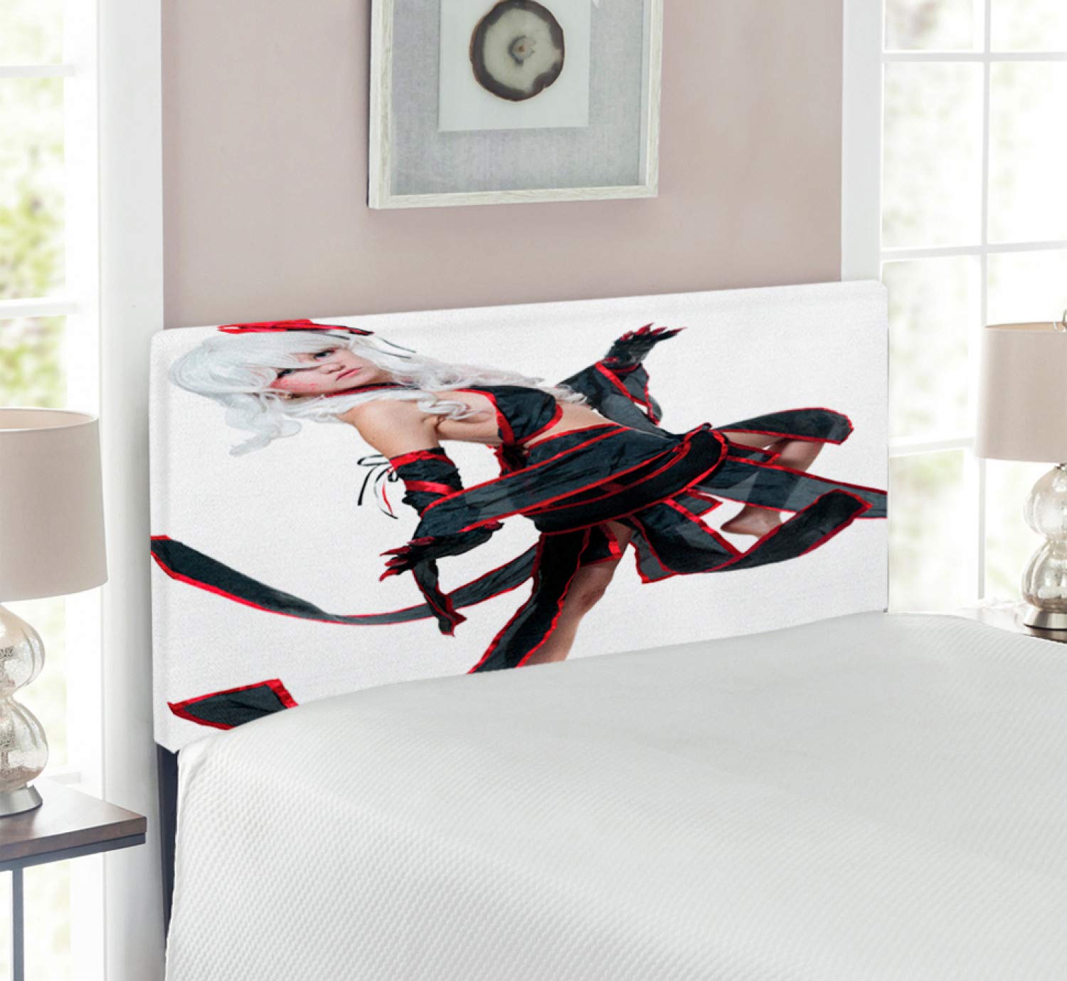 Ambesonne Anime Headboard - Manga Style Warrior Girl Japanese Culture Themed Upholstered Metal Bed Headboard with Memory Foam, Twin Size, Red White & Black - Perfect for Anime Fans' Bedroom Decor & Themed Rooms