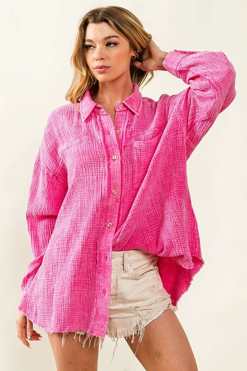 BiBi Raw Edge Detailed Mineral Washed Loose Fit Shirt for Women | Distressed Vintage Style Casual Top | Perfect for Streetwear, Layering & Everyday Outfits