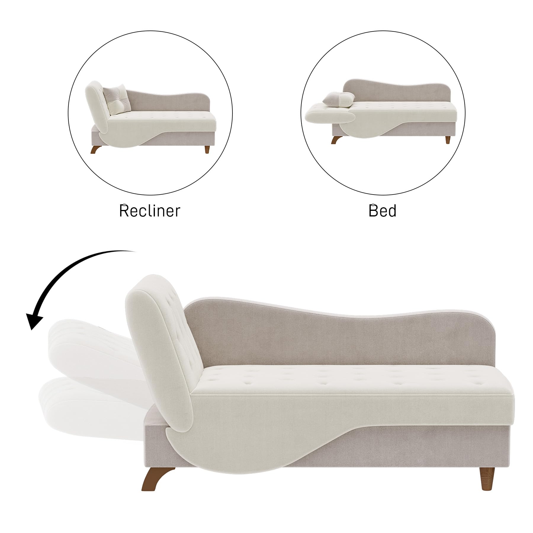 OUYESSIR Velvet Adjustable Recliner Chaise Lounge Chair with Storage & Pillow - Button Tufted Upholstered Sofa for Living Room, Bedroom, Office - Beige Gray - Perfect for Relaxing, Reading & Small Space Living
