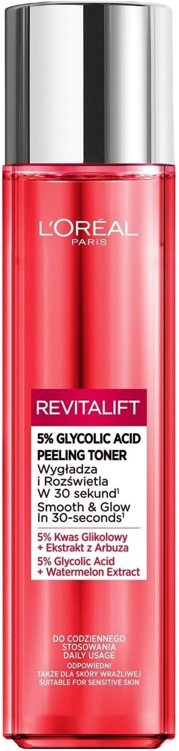 L'Oreal Revitalift Glycolic Acid Exfoliating Toner 180ml - Gentle Facial Peeling for Smooth, Glowing Skin - Perfect for Daily Skincare & Anti-Aging Routine