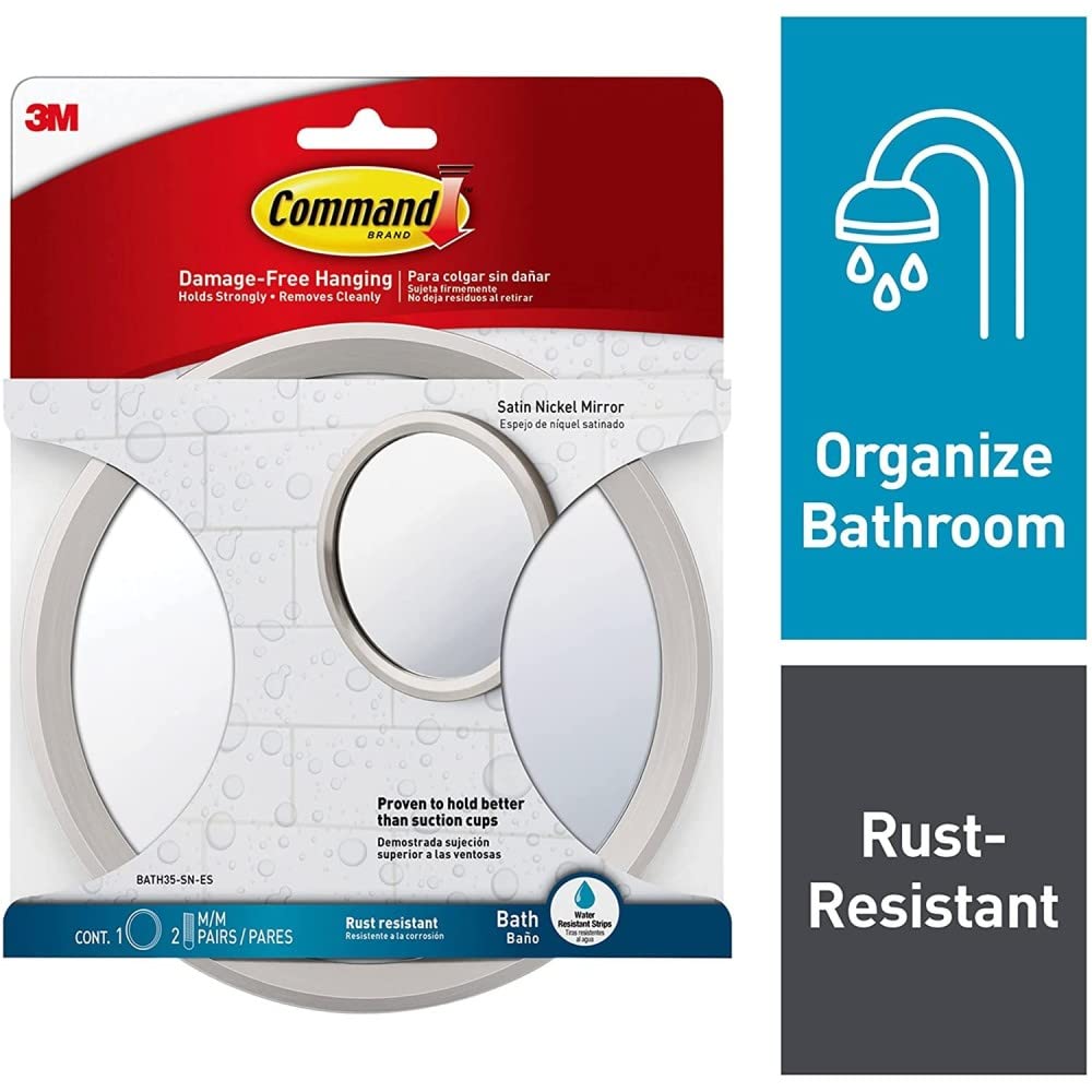 Command BATH35-SN-ES Bathroom Mirror with Adhesive Strips, 1 Pack, Satin Nickel Finish - Perfect for Bathroom Vanity, Shaving & Makeup Application
