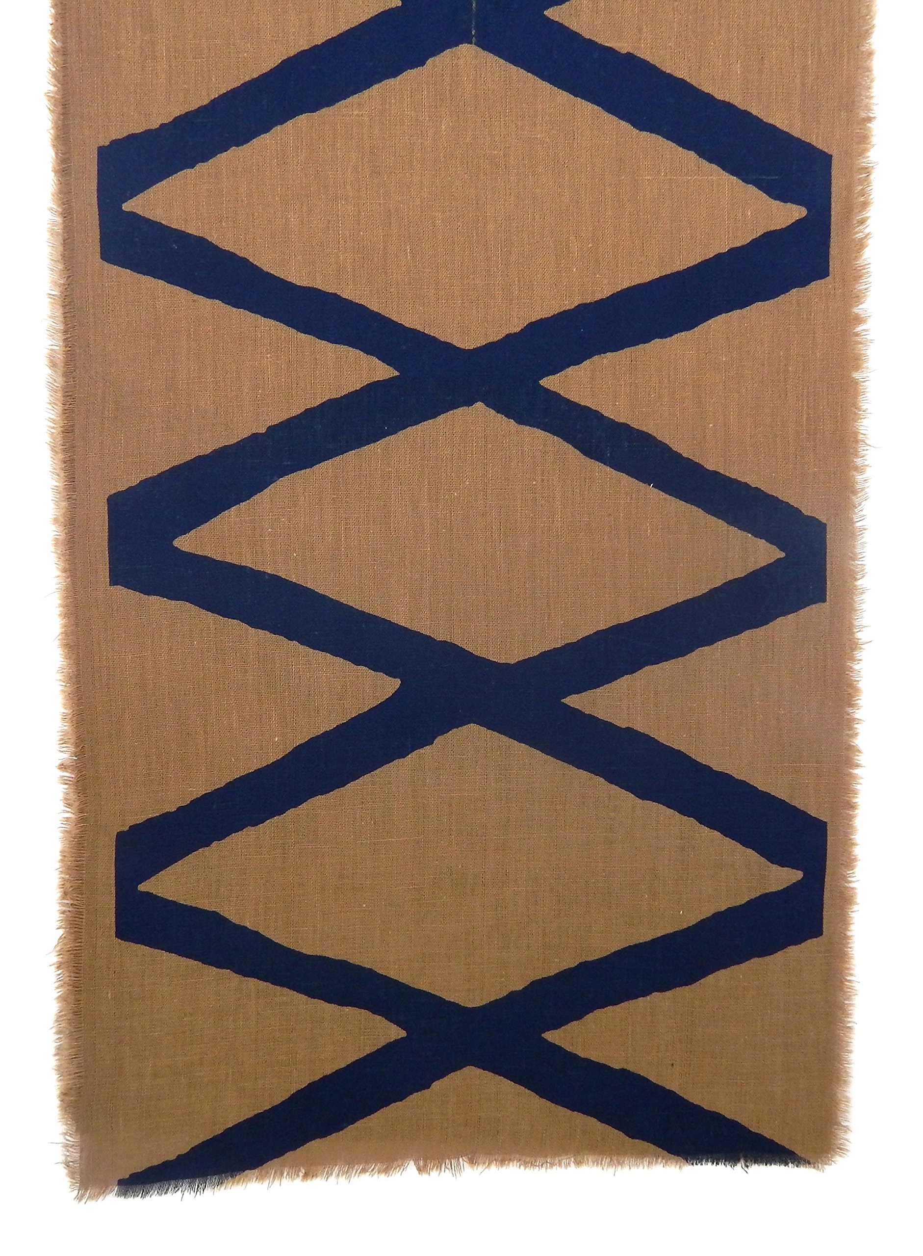 Windows Collection Cotton Khadi Khaki Runners 105x12 Diamond Design Blue Hand Screen Print - Perfect for Home Decor and Traditional Settings