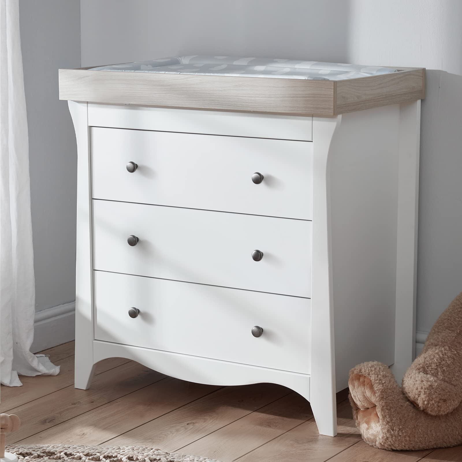 Clara Baby Changing Table with 3 Drawers - 2-in-1 Nursery Dresser & Diaper Changing Station - White & Ash Wood Baby Furniture for Newborns - Perfect for Nursery Organization & Diaper Changes