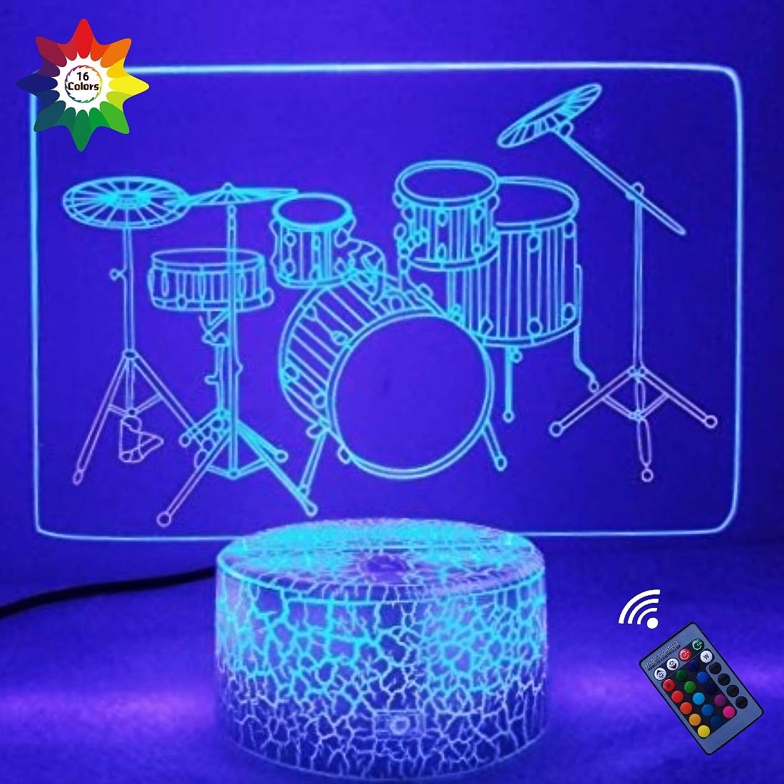 3D Drum Night Light with 16 Color Changing Modes, USB Powered, Remote Control & Touch Switch - LED Optical Illusion Table Lamp for Bedroom Decor, Kids Room, Gaming Setup & Relaxation Lighting
