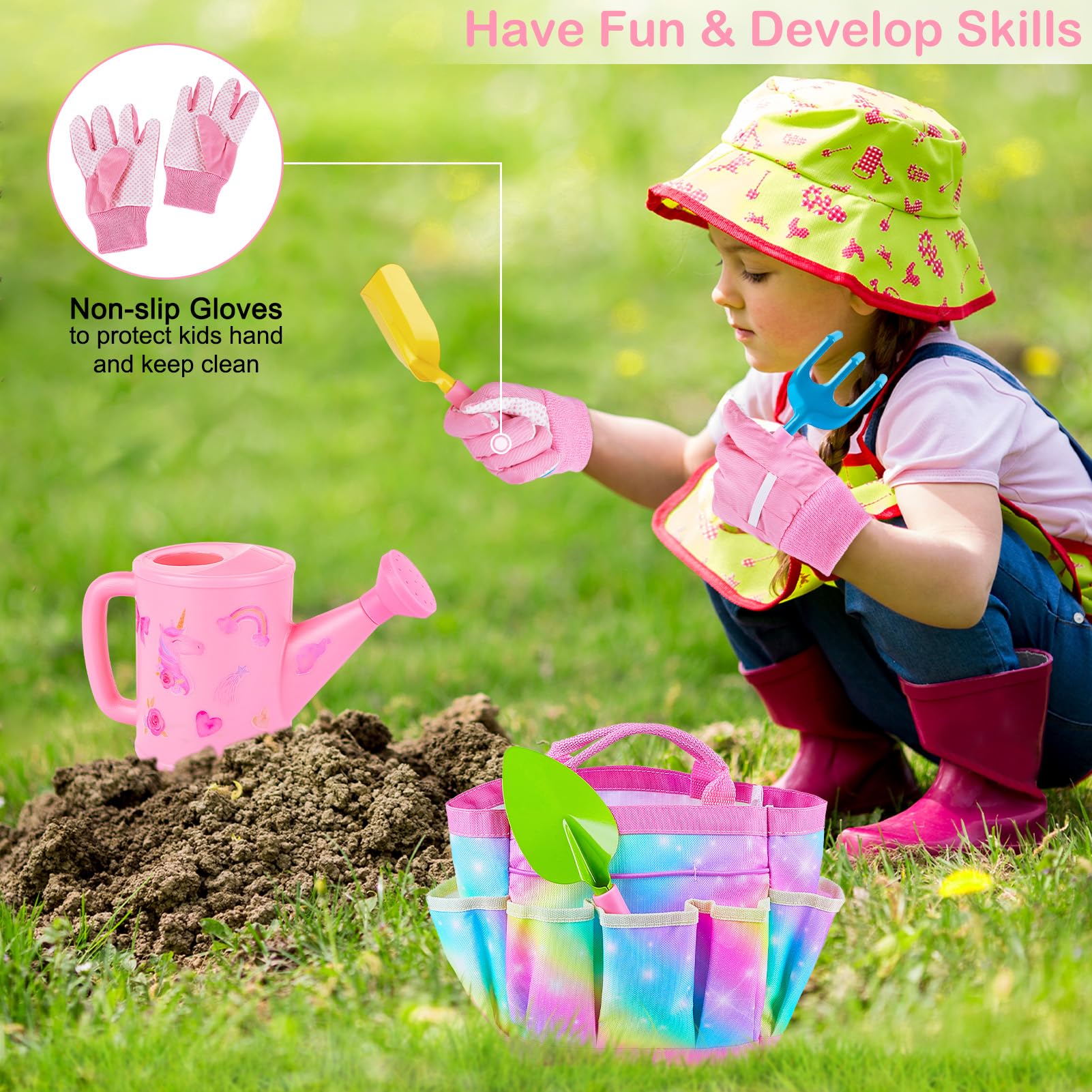 **Kids Gardening Tools Set - Outdoor Pretend Play Toys with Wheelbarrow, Shovels, Rakes, Watering Can, Gloves & Tote Bag - Educational DIY Sticker for Toddlers, Boys & Girls - Perfect for Beach, Sandbox & Garden Play**