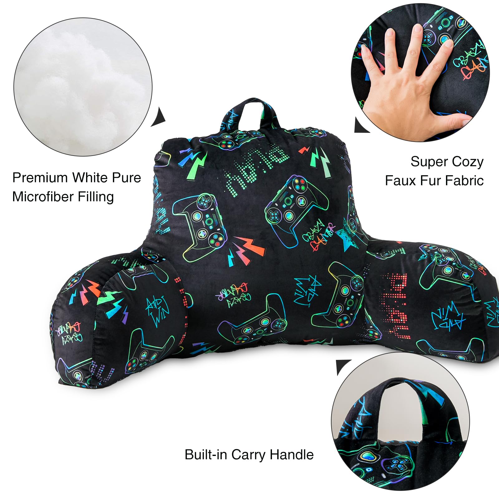Aimuan Kids Gaming Backrest Pillow - Ergonomic Wedge Support for Reading, Watching TV, and Sitting Up in Bed - Comfortable Armrest Cushion with Back Support - Perfect for Gaming, Relaxing & Sleep (Black-Gamer Style) - Ideal for Bedroom, Dorm, or Living Room Use