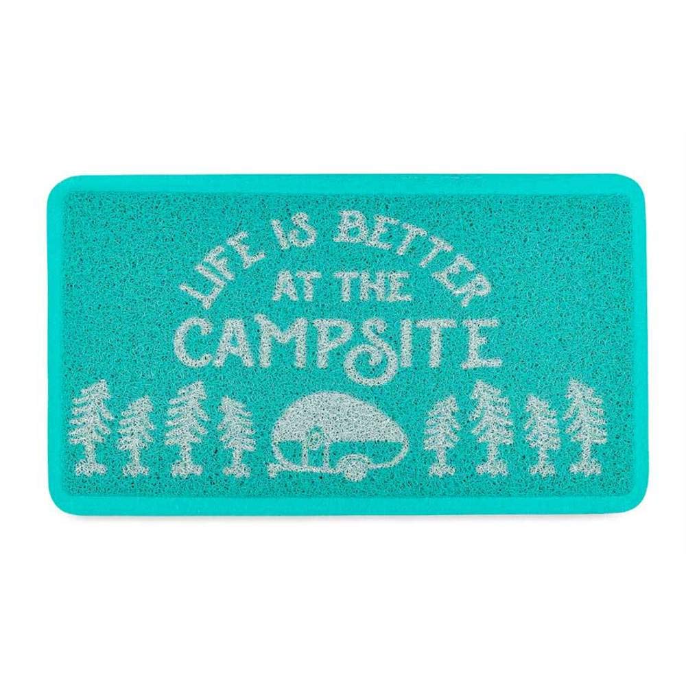 Camco Life is Better at The Campsite Scrub Rug - Durable Outdoor Mat for Camping, RV, Patio & Home Use | Non-Slip Surface for Under Pet Bowls, Entryways & Showers | Easy Clean Teal/White Small (53199) | Perfect for Picnics, Beach Trips & Tailgating