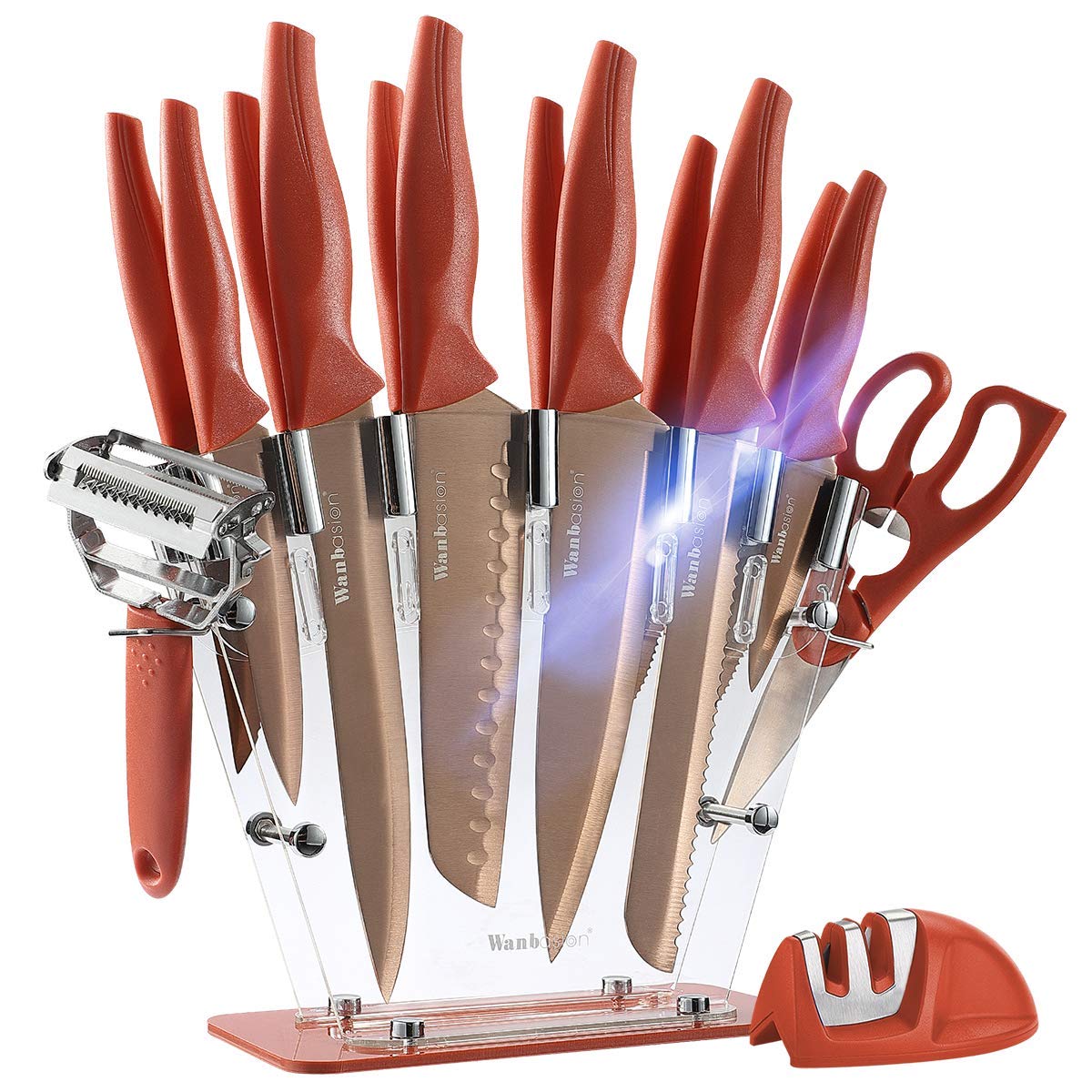 Wanbasion 16-Piece Professional Stainless Steel Kitchen Knife Set with Acrylic Block & Sharpener, Durable Orange Chef Knives for Cooking, Slicing, and Food Prep at Home or Restaurant