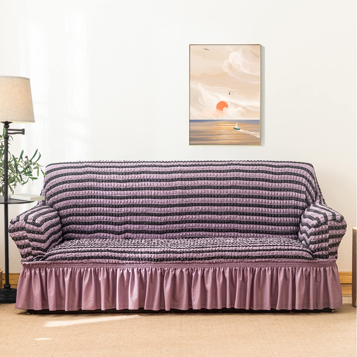 Qubjus Stretch Sofa Slipcover - Washable Furniture Protector for Couch & Sofa Bed with Elastic Bottom & Skirt (Striped Purple, Medium) - Perfect for Living Room, Family Room & Home Decor
