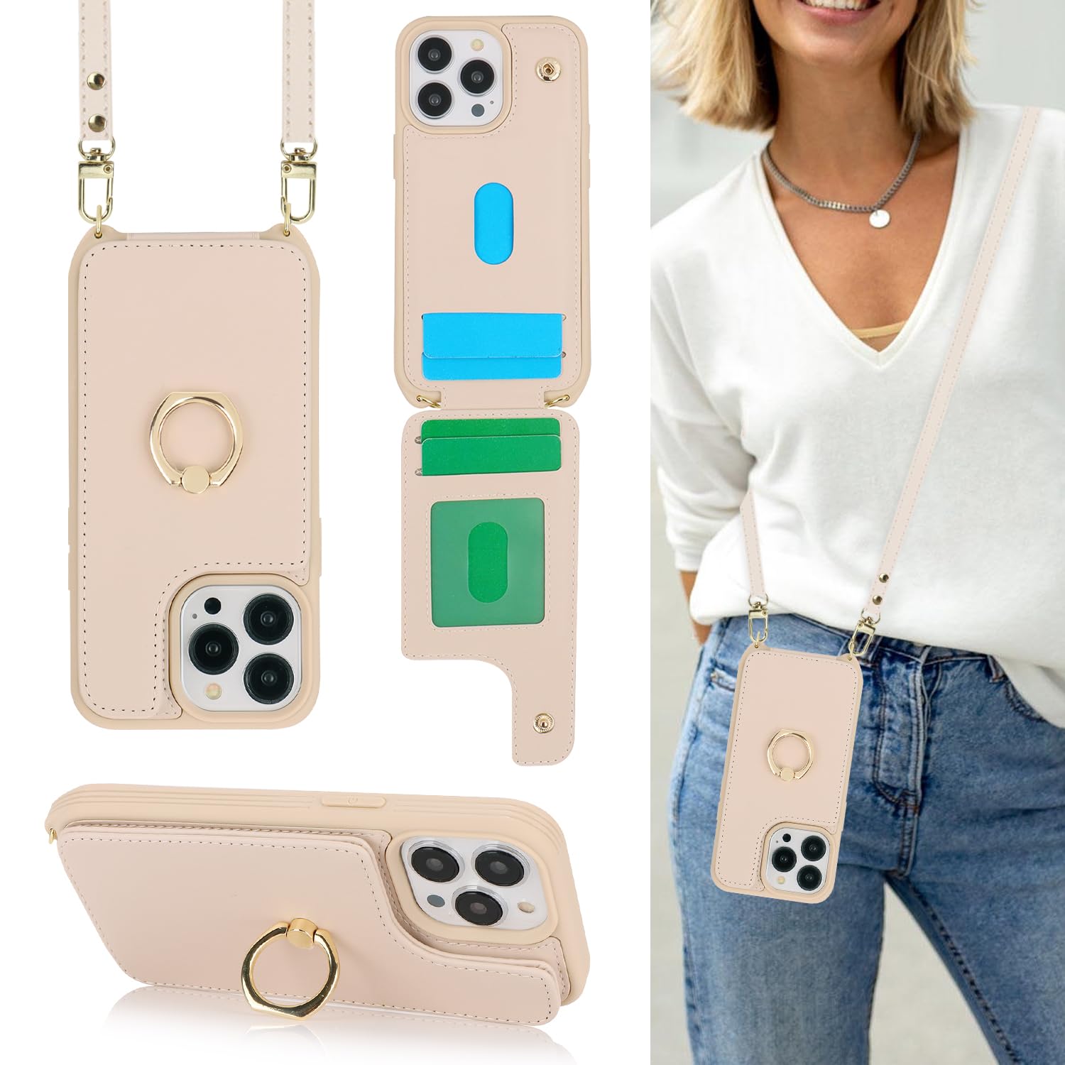 Premium iPhone 13 Pro Wallet Case with Card Holder & Crossbody Strap - 6.1 Inch Slim Protective Cover with Ring Stand, Snap Clasp & Lanyard for Women (Beige) | Perfect for Hands-Free Shopping, Travel & Everyday Convenience