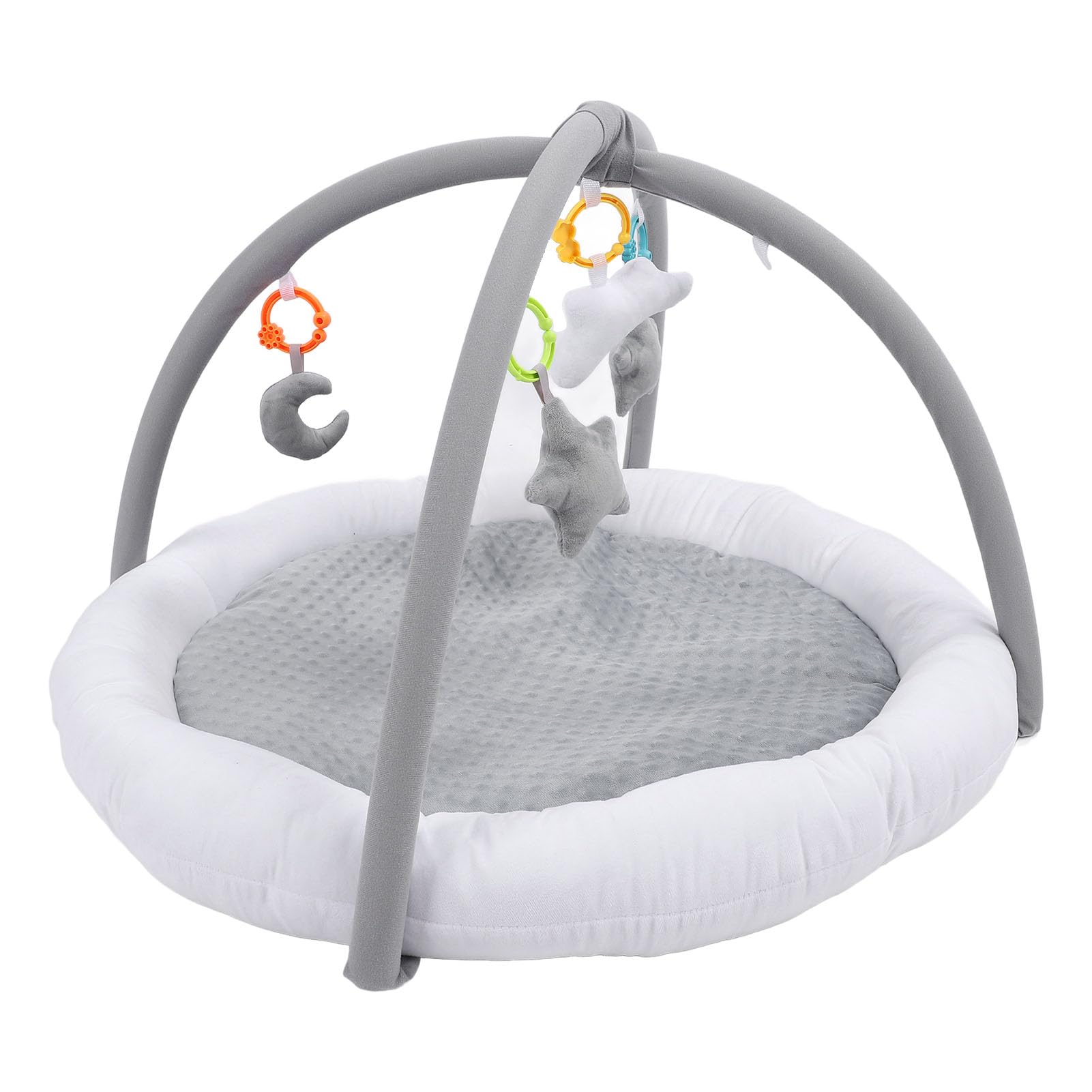 BTSEURY Baby Play Gym Mat - Soft Plush Sensory Activity Mat with 4 Toys for Newborns & Infants 0-24 Months | Thick Cotton Filling, Round Design for Tummy Time & Early Development | Perfect for Nursery, Daycare & Travel
