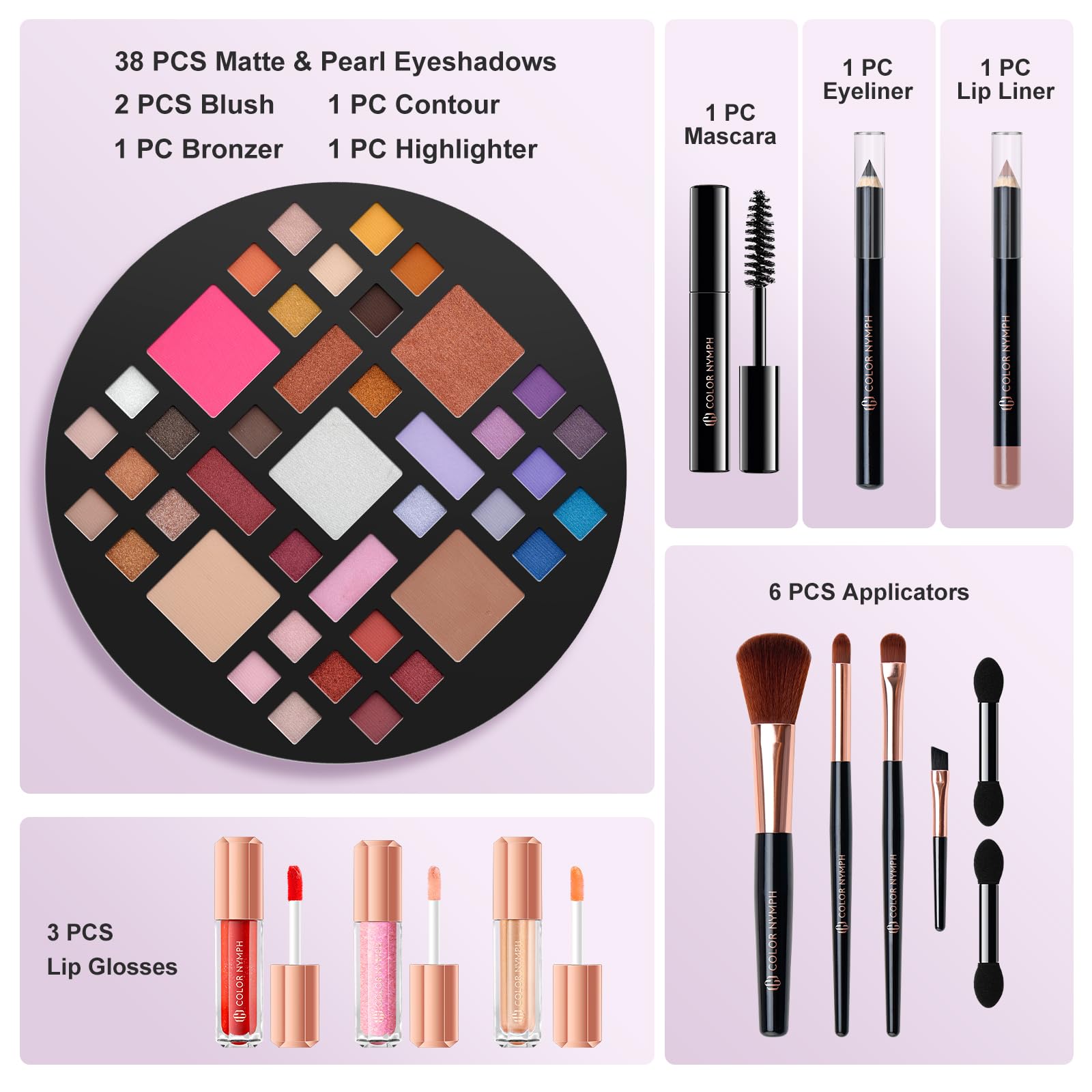 Color Nymph Starter Makeup Kit for Teens & Preteens - 38 Color Eyeshadow Palette, Lip Gloss, Brushes & Reusable Case - Perfect Birthday, Valentine's Day Gift for Girls | Everyday Makeup & Party Looks (Purple)