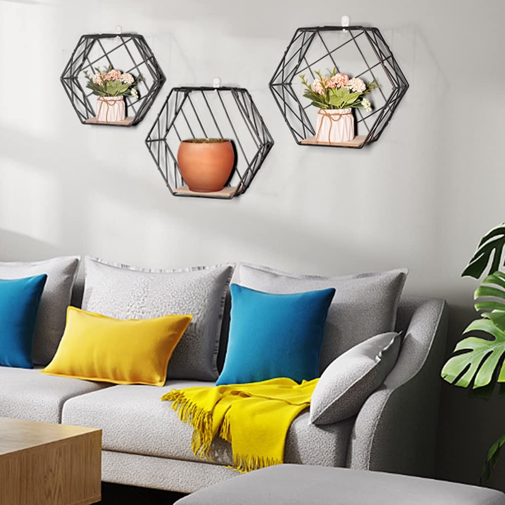 Hexagon Floating Shelves Set of 3 - Rustic Metal Wall Mounted Shelves for Home Decor | Bedroom, Living Room, Bathroom & Entryway Storage & Display | Black Industrial Wall Shelves for Modern & Farmhouse Style Decorating