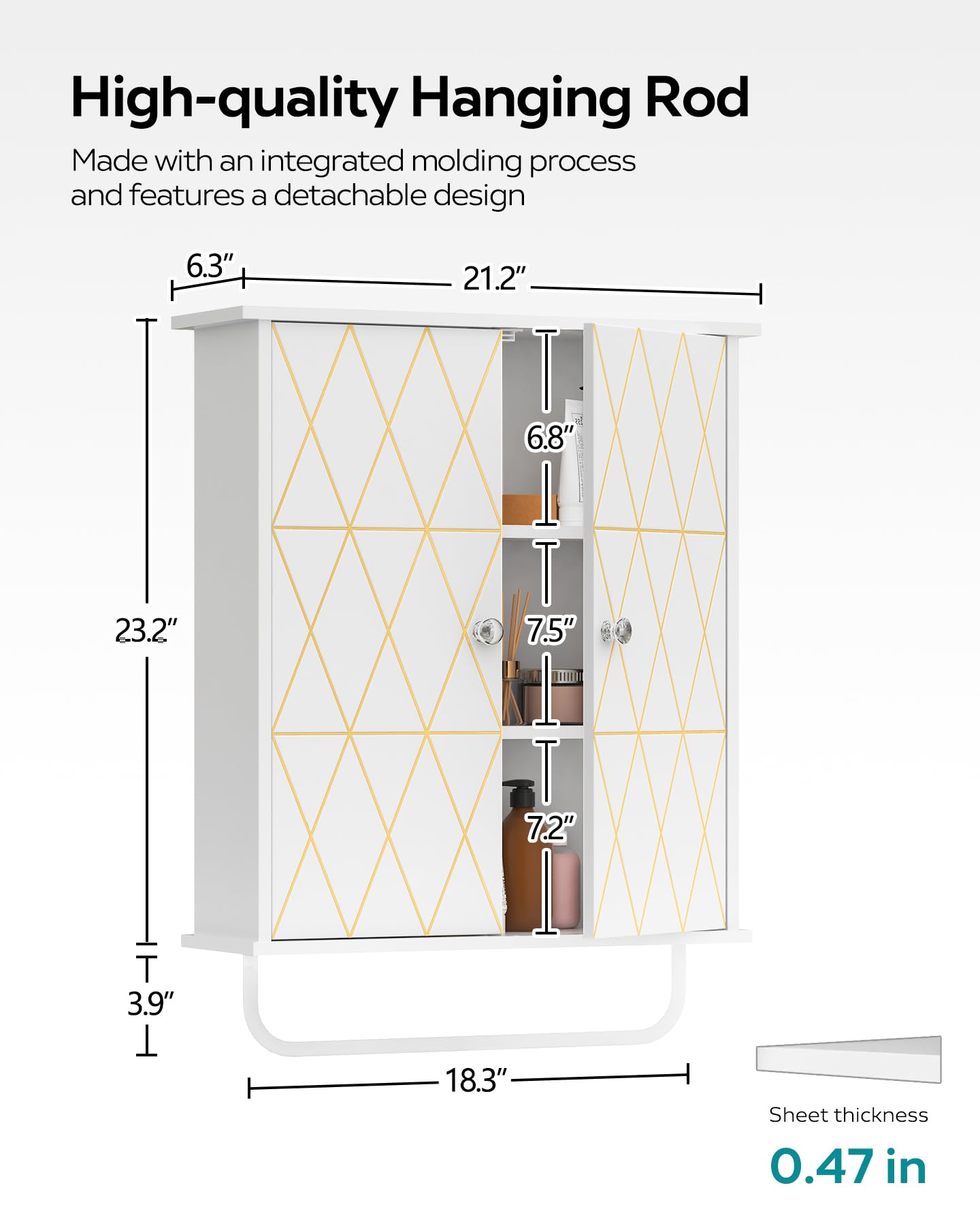 White Bathroom Wall Cabinet with Gold Decoration - Adjustable Shelves Medicine Storage Cabinet for Above Toilet Space Saving - Perfect for Bathroom Organization and Living Room Storage
