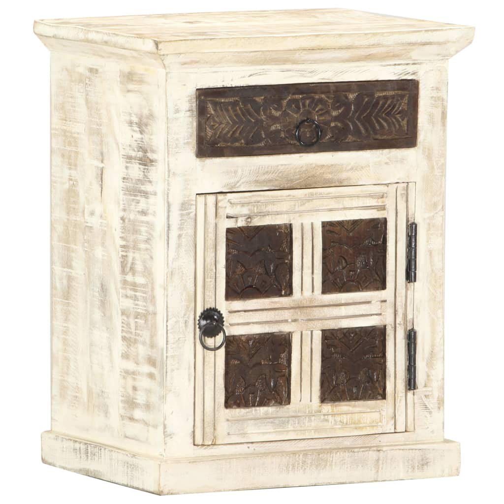Modern Nightstand Side Table - White Solid Mango Wood Bedside Cabinet 15.7