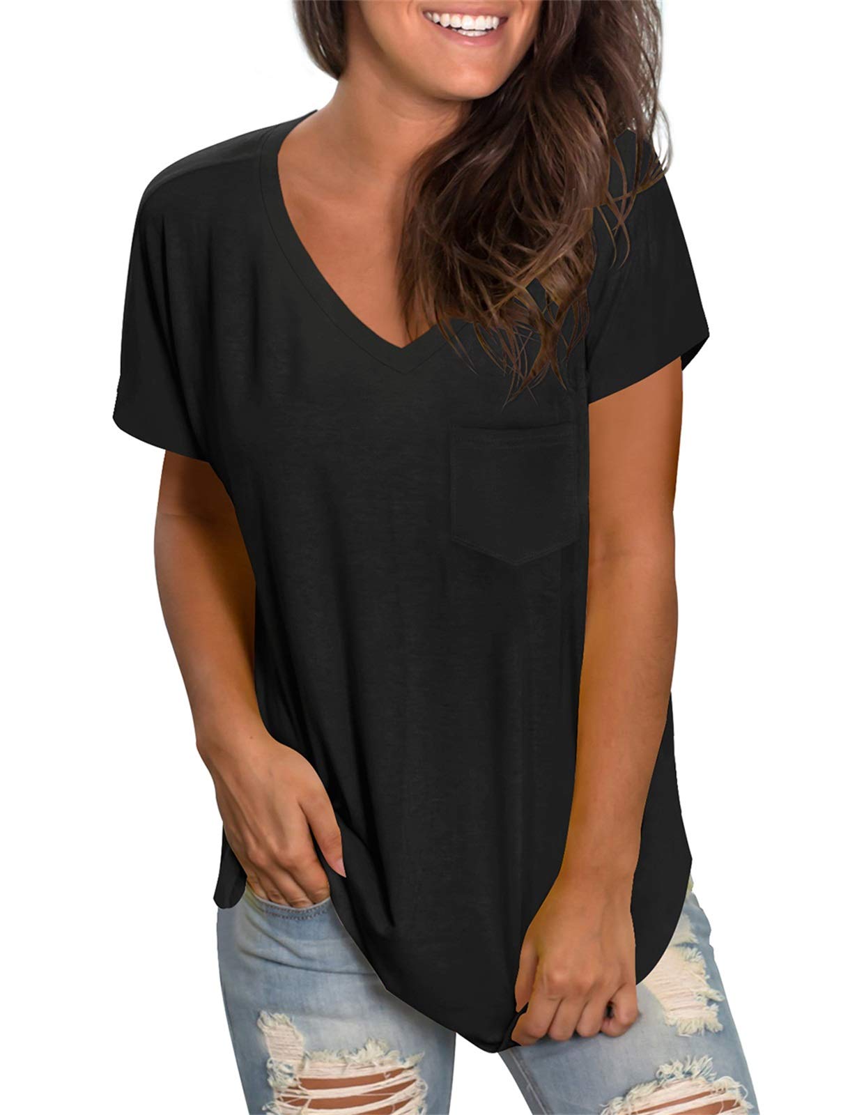 WEESO Women's V Neck Short Sleeve T-Shirts with Pocket - Drop Tail Hem Relaxed Fit Casual Tee for Summer Outfits, Weekend Wear & Everyday Comfort