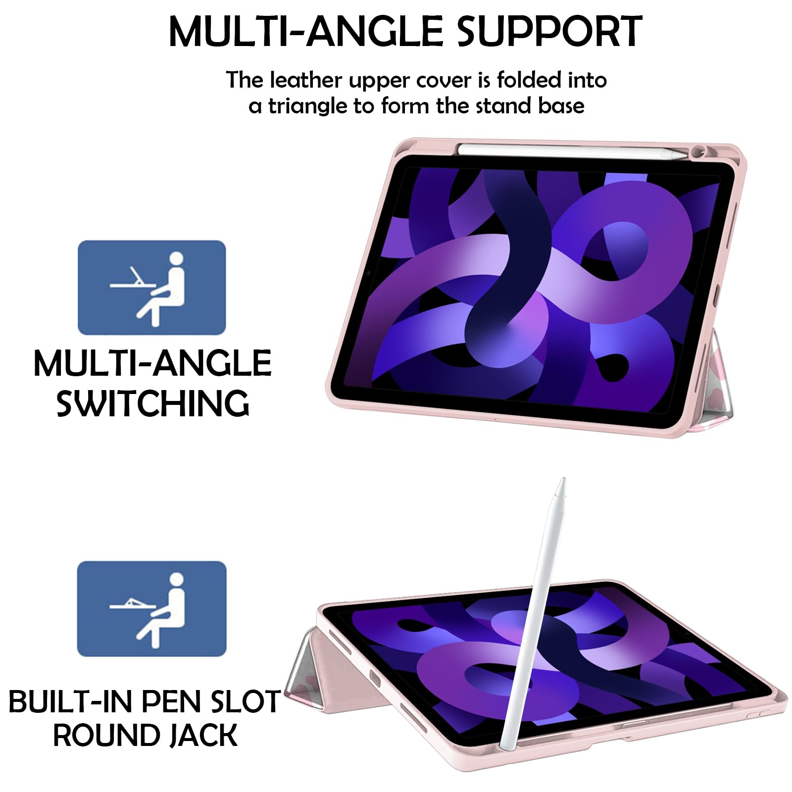 Premium iPad Air Case 11 Inch (M3 2025/M2 2024) & 10.9 Inch (5th/4th Gen 2022/2020) - Shockproof TPU Back Cover with Pencil Holder & Auto Sleep/Wake - Cute Pink Cow Design for Women & Girls - Perfect for School, Work & Travel