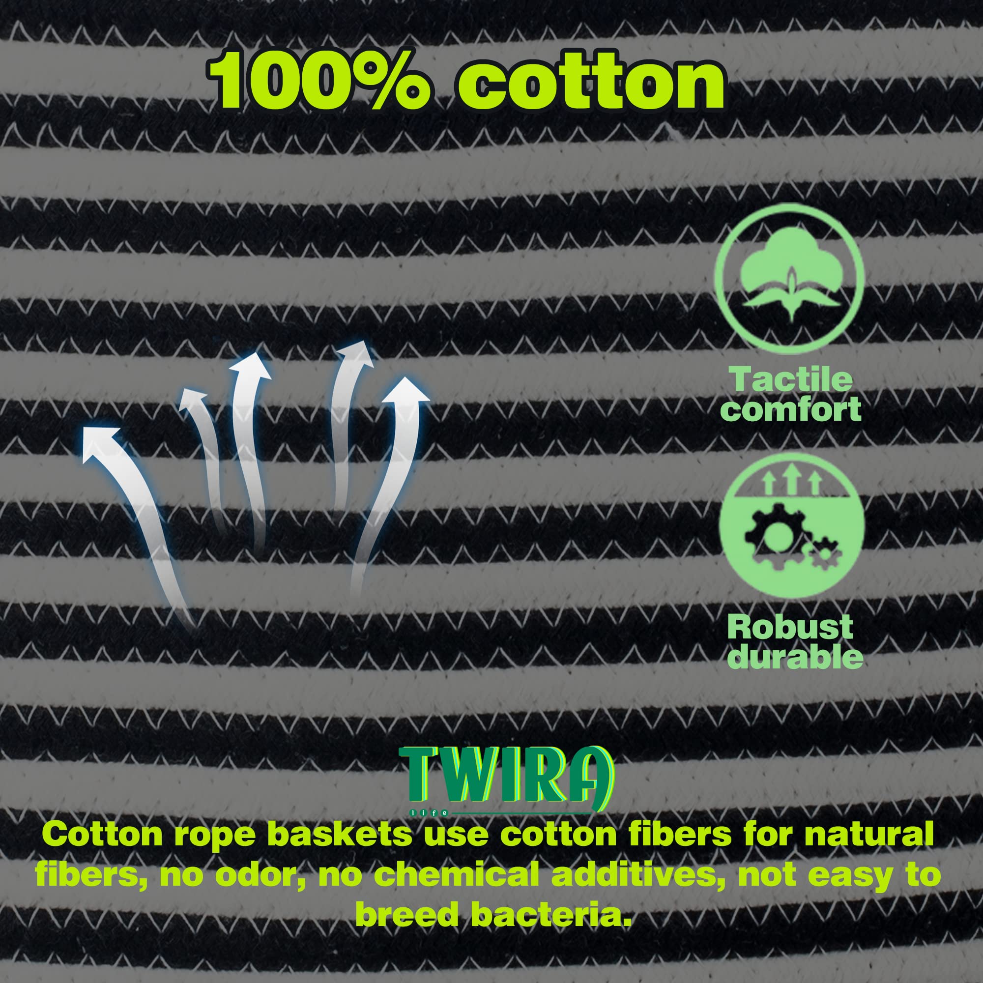 Twira Extra Large 20x16 Inches Cotton Rope Storage Basket with Leather Handle - Woven Baby Laundry, Blanket & Toy Organizer - Perfect for Nursery, Yoga Mat & Towel Storage (Black Stripes)