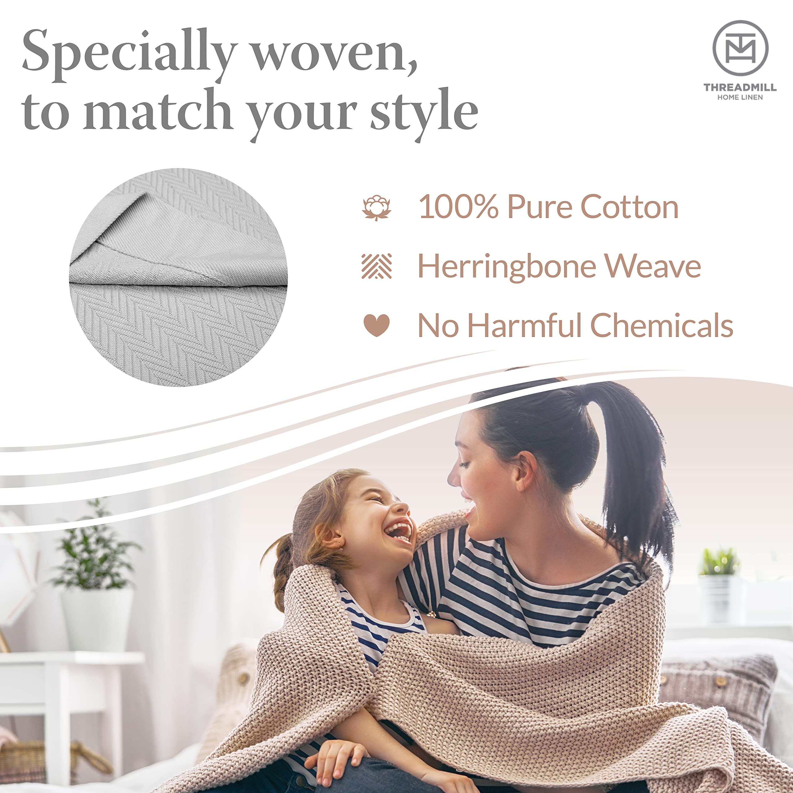 Premium 100% Cotton Twin Size Blanket - All-Season Soft & Cozy Herringbone Weave Thermal Blanket (350GSM, 68x90 inches, Light Grey) | Luxury Bedding for Home, Dorm, Guest Room & Cozy Fall Nights