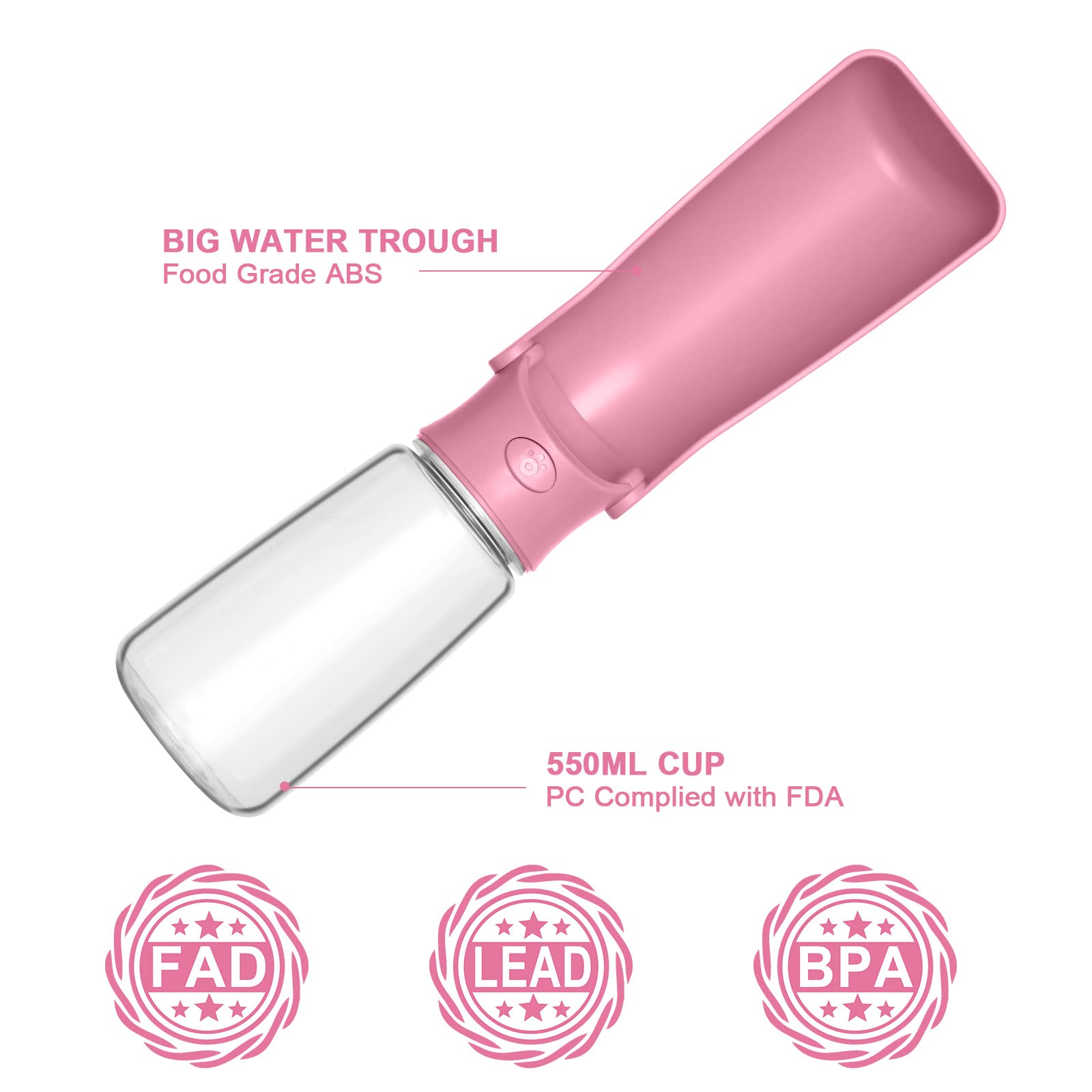Foldable 19oz Portable Dog Water Bottle - Leak Proof & Food Grade Plastic Pet Water Dispenser for Dogs & Cats | Outdoor Walking, Hiking, Travel Accessories (Pink) | Perfect for Park Visits, Road Trips & Daily Adventures