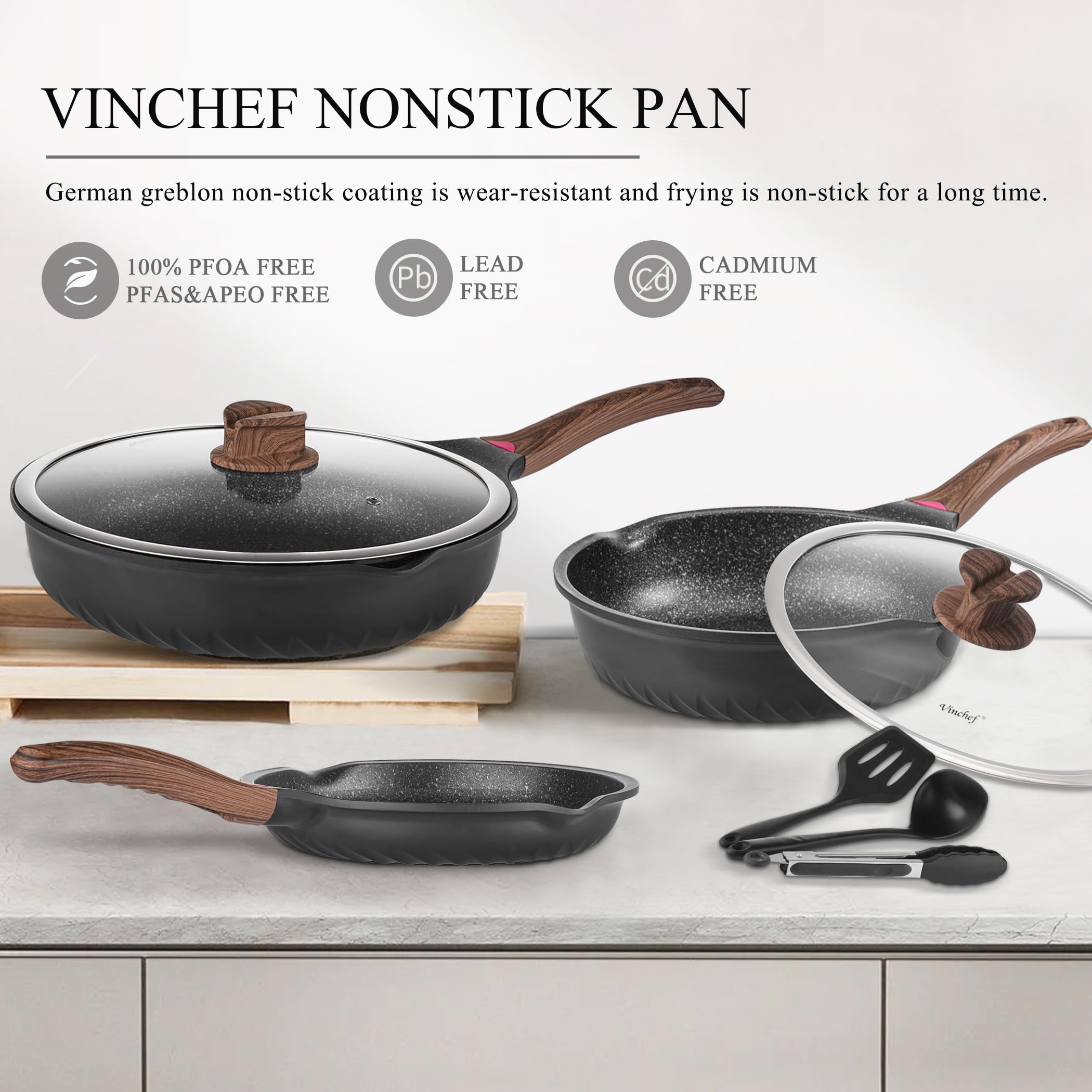 VINCHEF 12-Piece Nonstick Cookware Set - Induction Compatible Pots & Pans with Stay-Cool Handles, Frying Pans, Saute Pan with Lid, Silicone Utensils & Pot Protectors - PFAS & PFOA Free - Perfect for Home Cooking, Professional Kitchens & Everyday Meal Prep