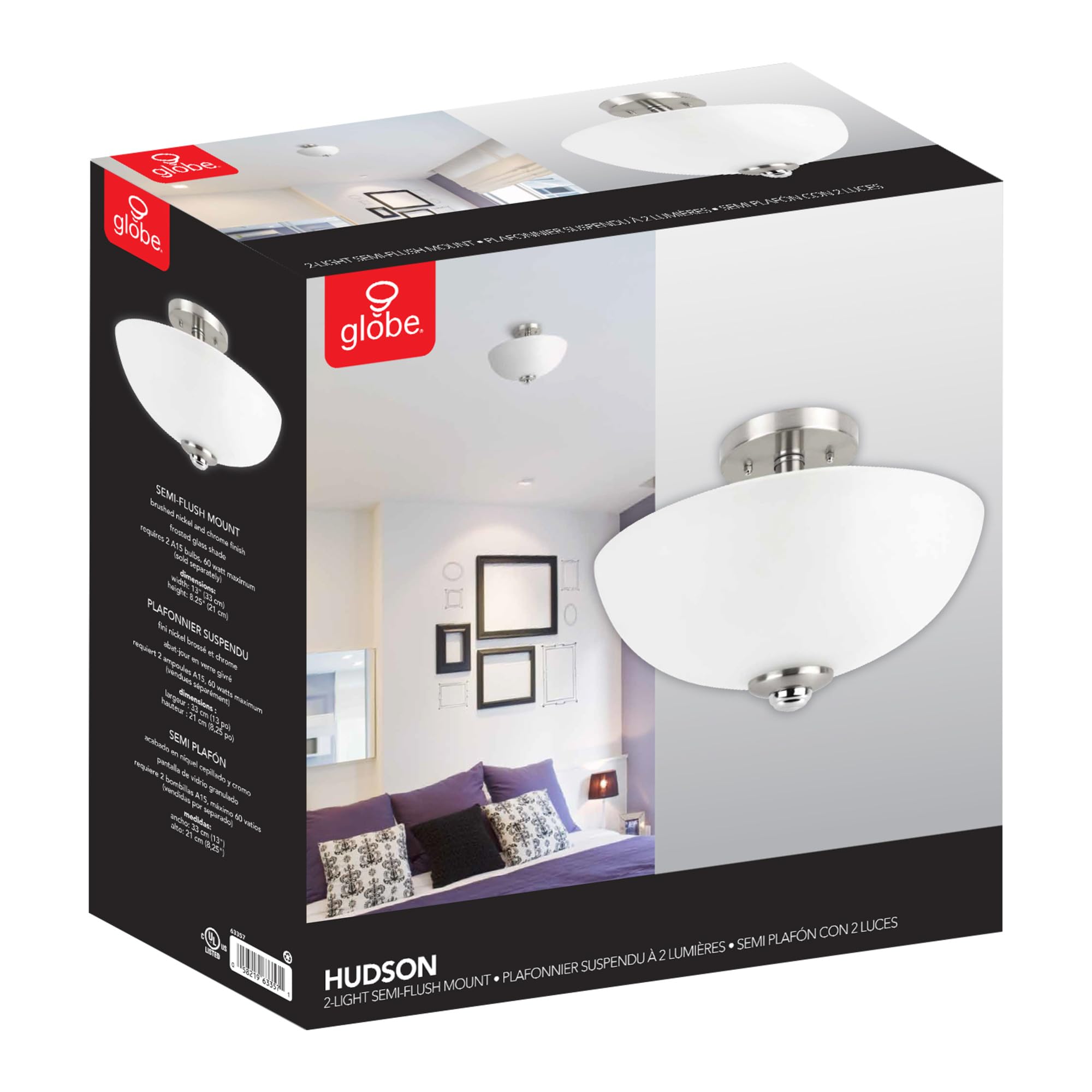 Globe Electric 63357 2-Light Semi-Flush Mount Ceiling Fixture - Brushed Nickel with Chrome Accents & Frosted Glass Shade - Perfect for Kitchen, Bathroom, Bedroom, Closet & Home Lighting - Energy Efficient Indoor Ceiling Light for Modern Homes