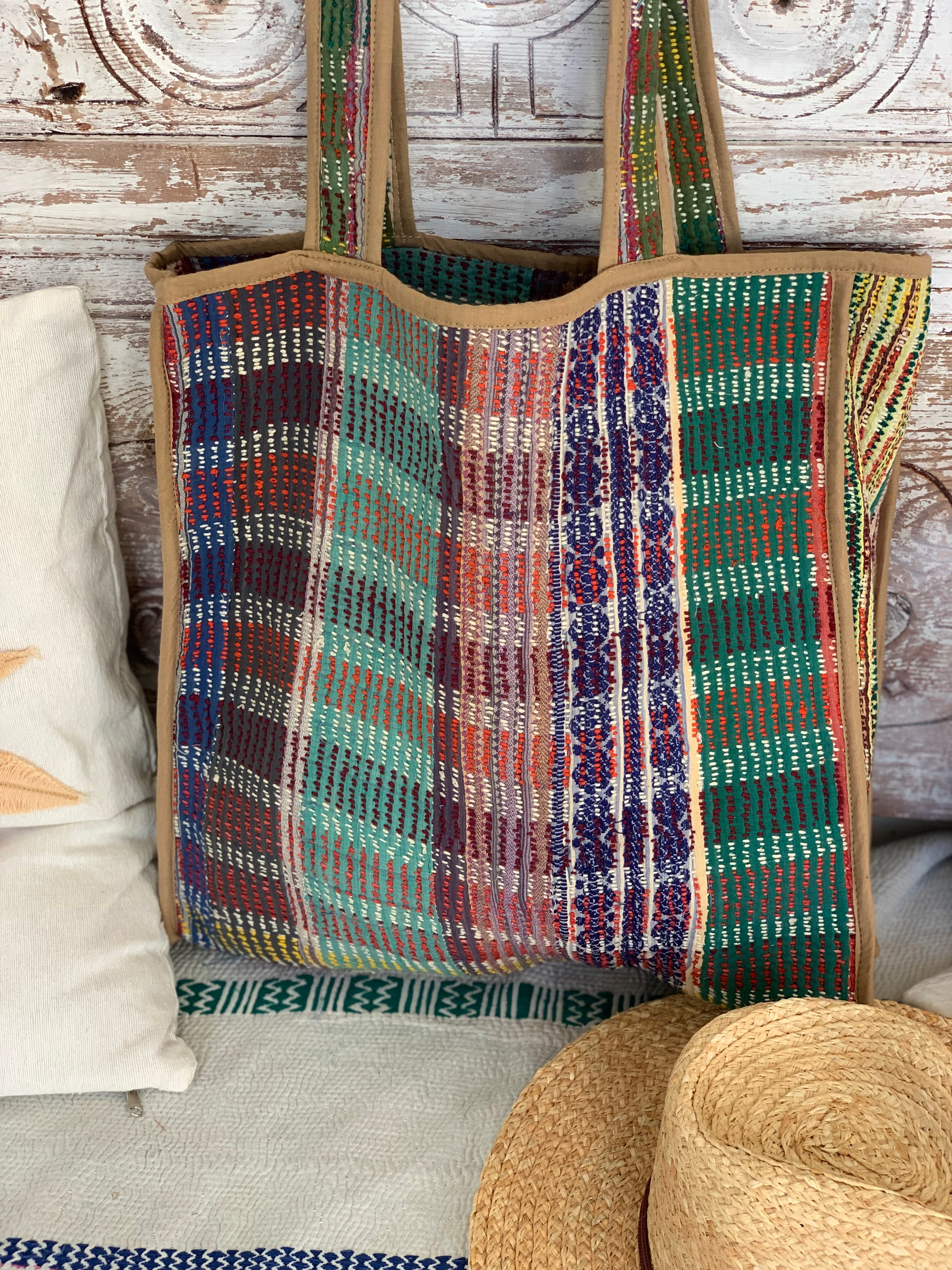 Stylish Kantha Boho Quilted Tote Bag - Handmade Cotton Super Bag for Women - Perfect for Beach, Shopping & Travel