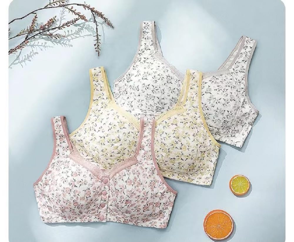 3 Pack Women's Plus Size Wireless Sleep Bras - Soft Natural Cotton Front Snap Closure with Removable Pads | Comfortable Lounge & Nightwear for Relaxation at Home