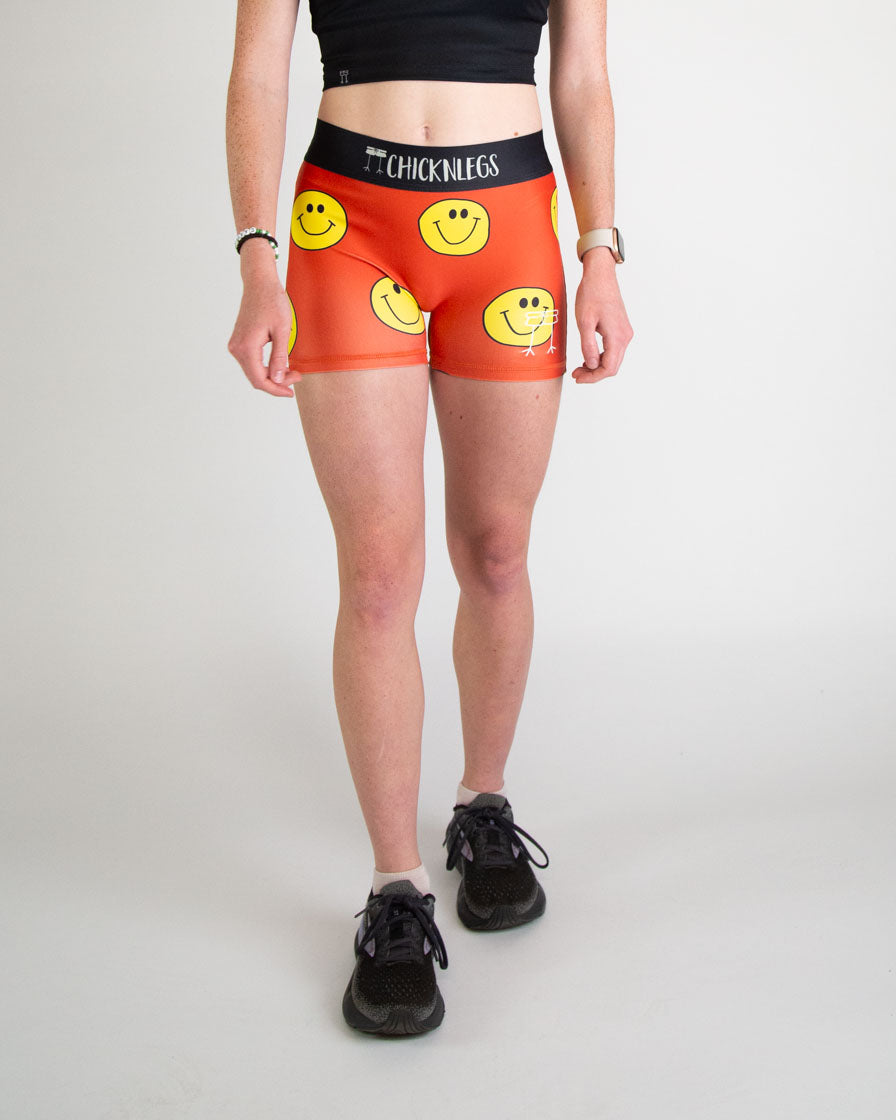 Women's High-Waisted 3-Inch Compression Running Shorts with Smiley Print - Moisture-Wicking & Breathable for Workouts, Yoga & Gym