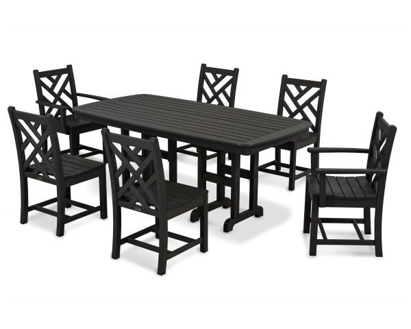 Polywood Chippendale 7-Piece Outdoor Dining Set - All-Weather Wicker Patio Furniture for Backyard, Poolside & Garden - Classic White Dining Table with 6 Chairs