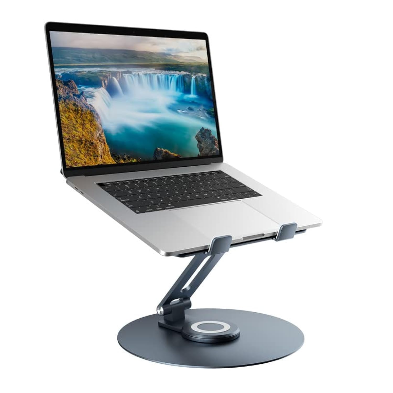 Swivel Laptop Stand for Desk - Adjustable Height, 360° Rotating Base, Foldable Ergonomic Riser, Portable Laptop Holder for MacBook & All 10-17'' Laptops, Grey - Perfect for Home Office, Gaming & Study