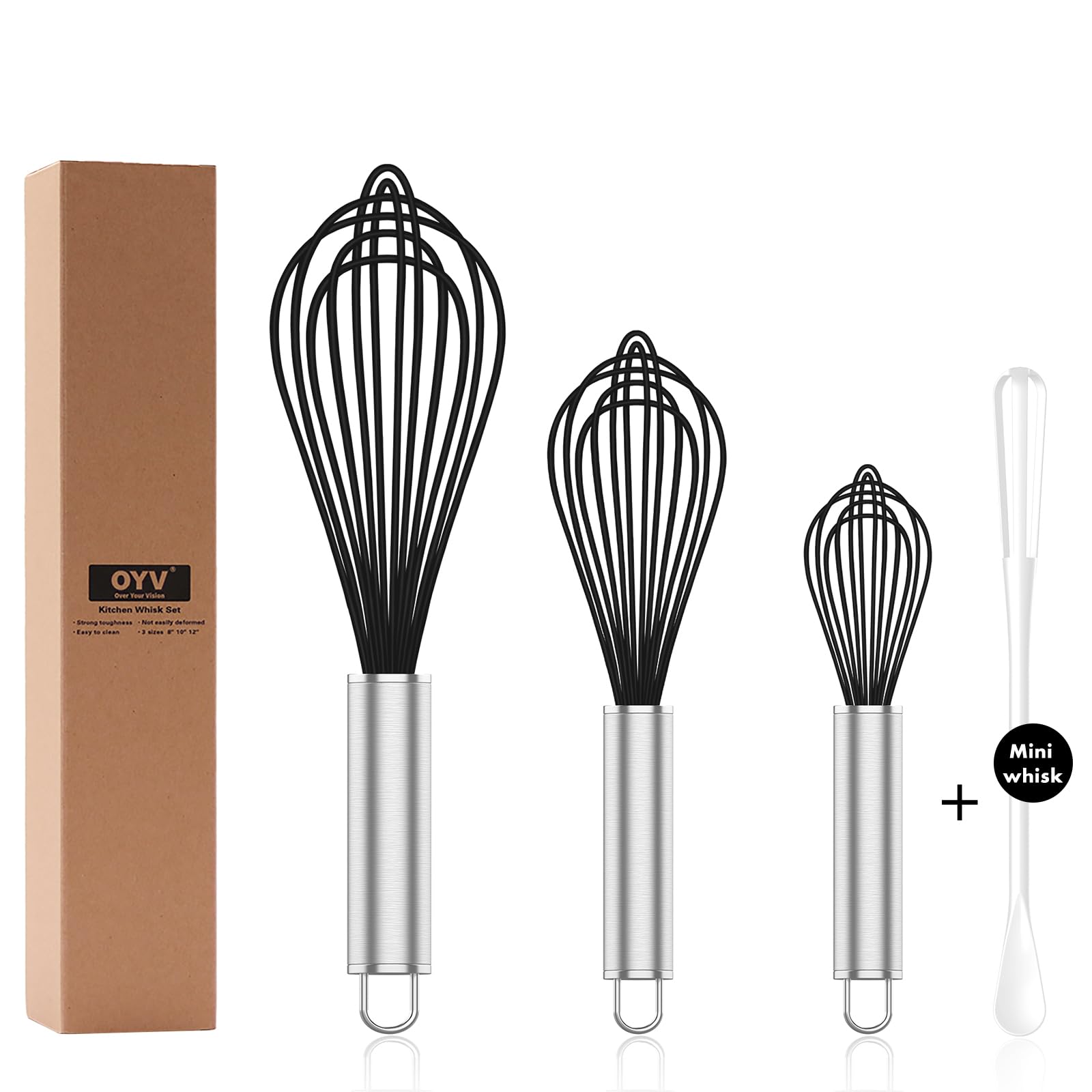 3-Pack Professional Silicone Whisks for Cooking - Non-Scratch Stainless Steel & Silicone Whisk Set - Safe for Nonstick Cookware - Perfect for Baking, Mixing Sauces, and Whipping Cream (Black)