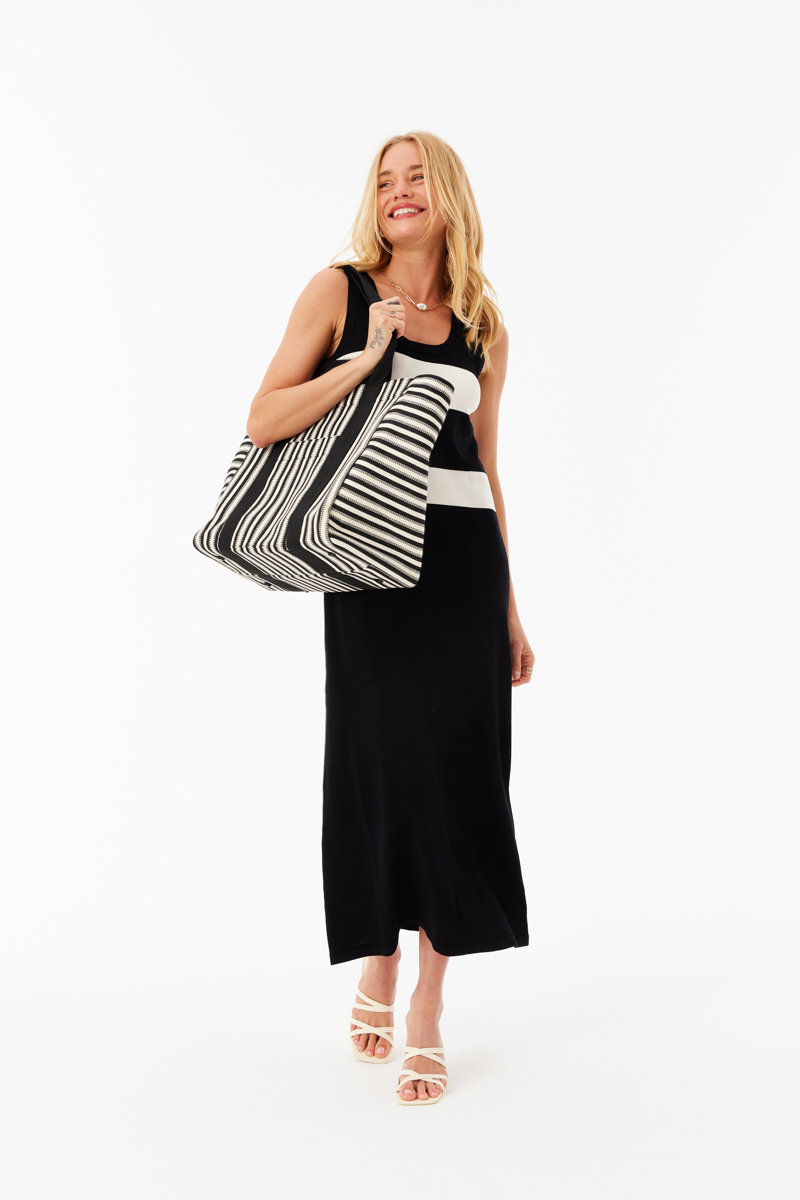 Vacation Tote Bag - Black & White Striped Beach Tote for Women, Perfect for Travel, Pool, Beach & Shopping | Lightweight & Spacious Carryall