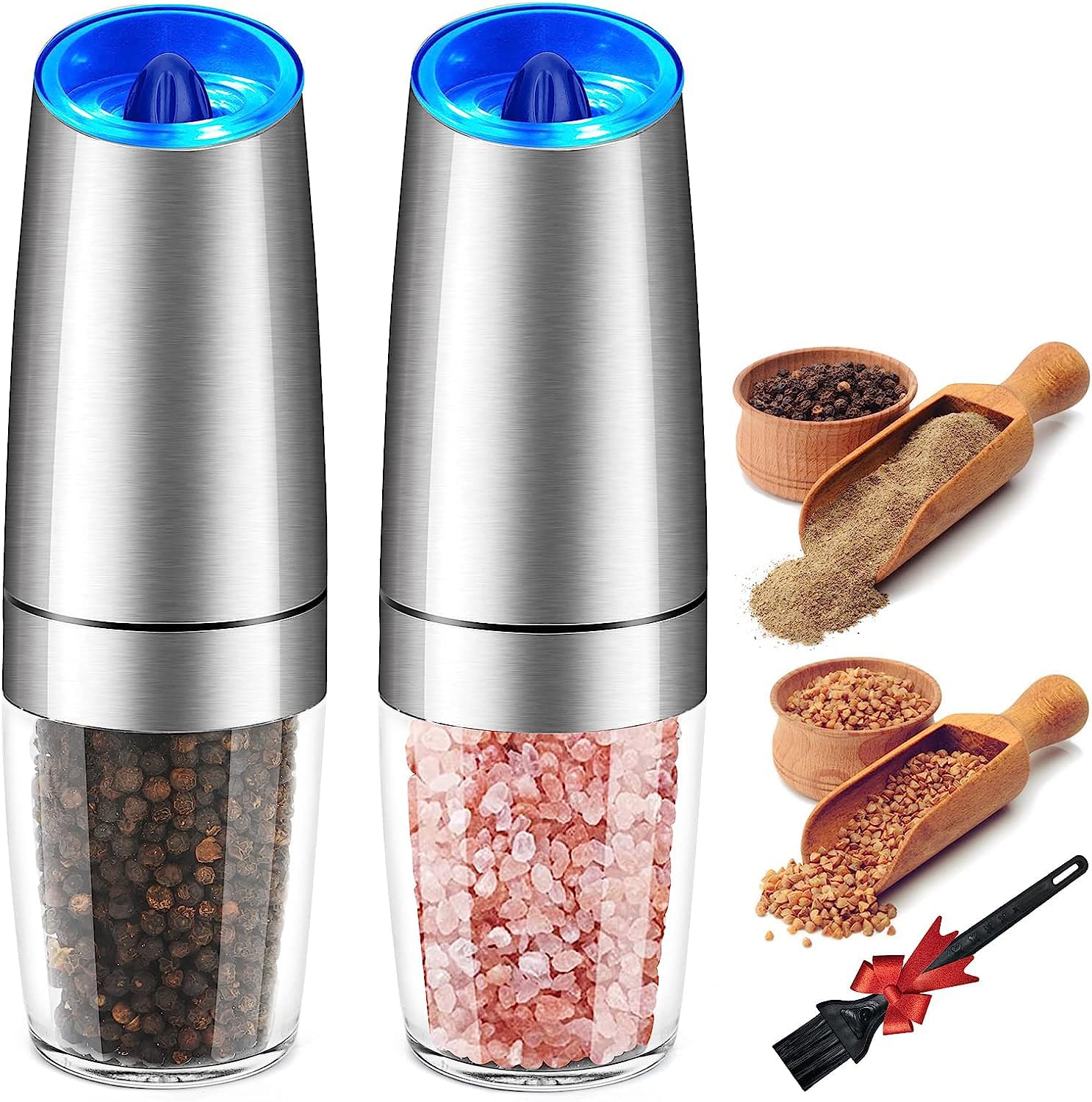 Electric Salt and Pepper Grinder Set - Battery Powered Automatic Mill with Adjustable Coarseness & LED Light, One-Hand Operation, Stainless Steel - Perfect for Kitchen, Dining Table, and Outdoor Cooking