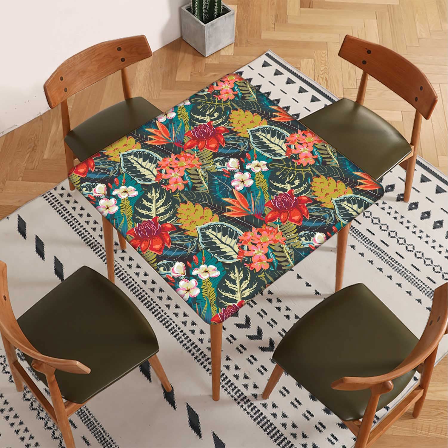Tropical Hawaii Square Tablecloth 42x42 Inch - Elastic Edge Palm Leaves Design, Wrinkle & Dust Proof Waterproof Polyester Table Cover for Indoor Outdoor Party, Dining, Picnic, BBQ, and Home Decor