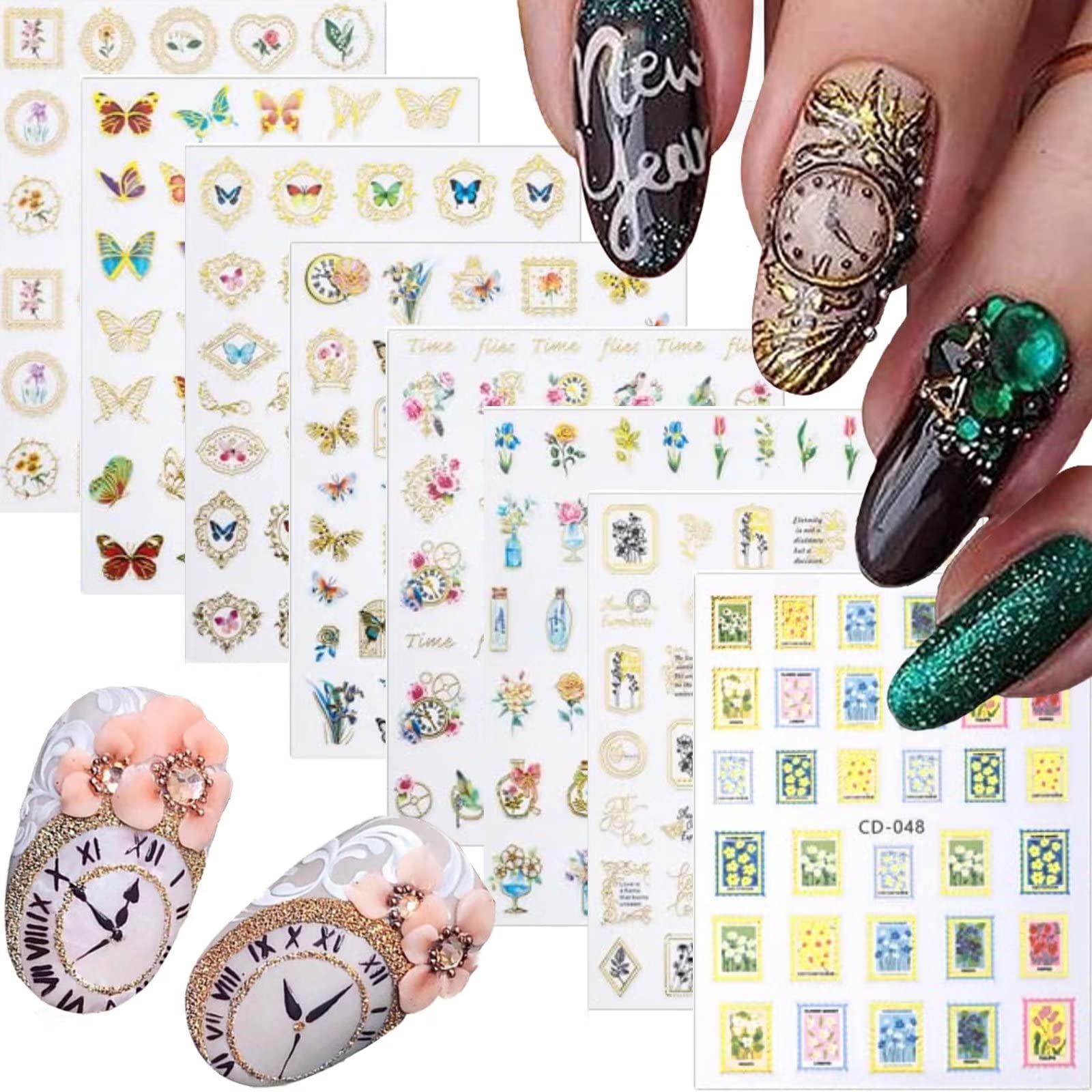 RUNRAYAY 8Pcs Floral Nail Art Stickers - Spring Summer 3D Self-Adhesive Nail Decals for Women, Girls & Kids | DIY Nail Design Decorations for Parties, Weddings & Everyday Wear