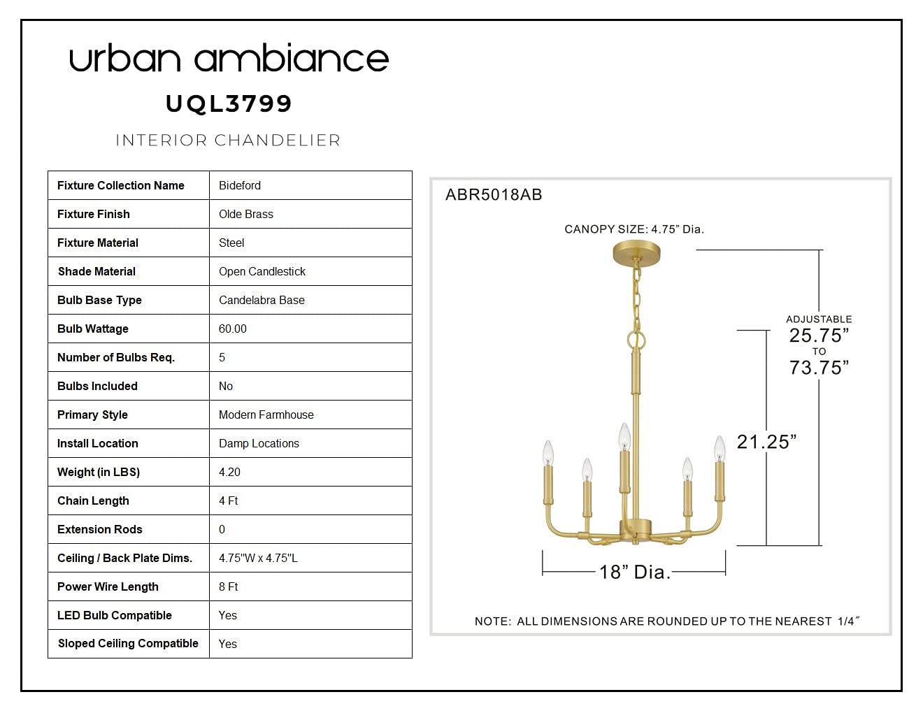 Modern Farmhouse Chandelier - 21.25 Inch Transitional Style Ceiling Light with Olde Brass Finish | Perfect for Dining Room, Kitchen Island or Entryway Lighting | The Bideford Collection UQL3799