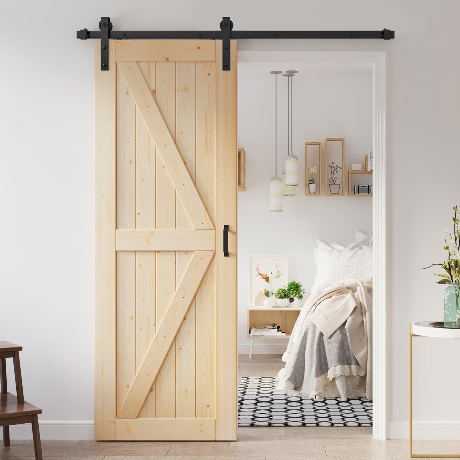 30x84 Inch Rustic Sliding Barn Wood Door Slab with 5ft Heavy-Duty Hardware Kit - Easy DIY Installation for Farmhouse, Loft & Industrial Style Homes - Perfect for Bedrooms, Closets, Pantries & Room Dividers