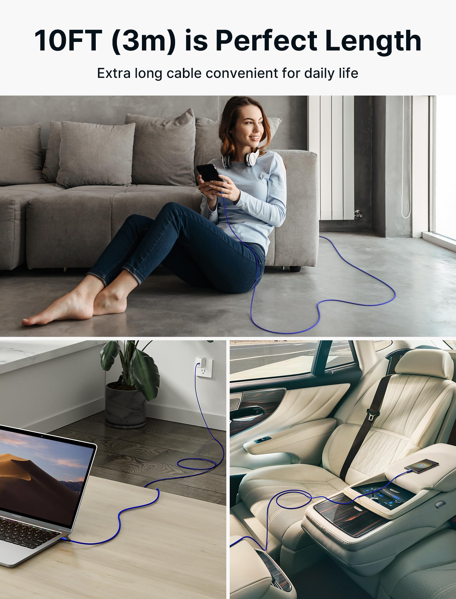 JSAUX 100W USB C to USB C Fast Charging Cable [2-Pack 10FT] - Compatible with iPhone 15 Series, Samsung Galaxy S24/S23 Series, MacBook, iPad Pro/Air - Fast PD Charging for Home, Office & Car Use - Blue