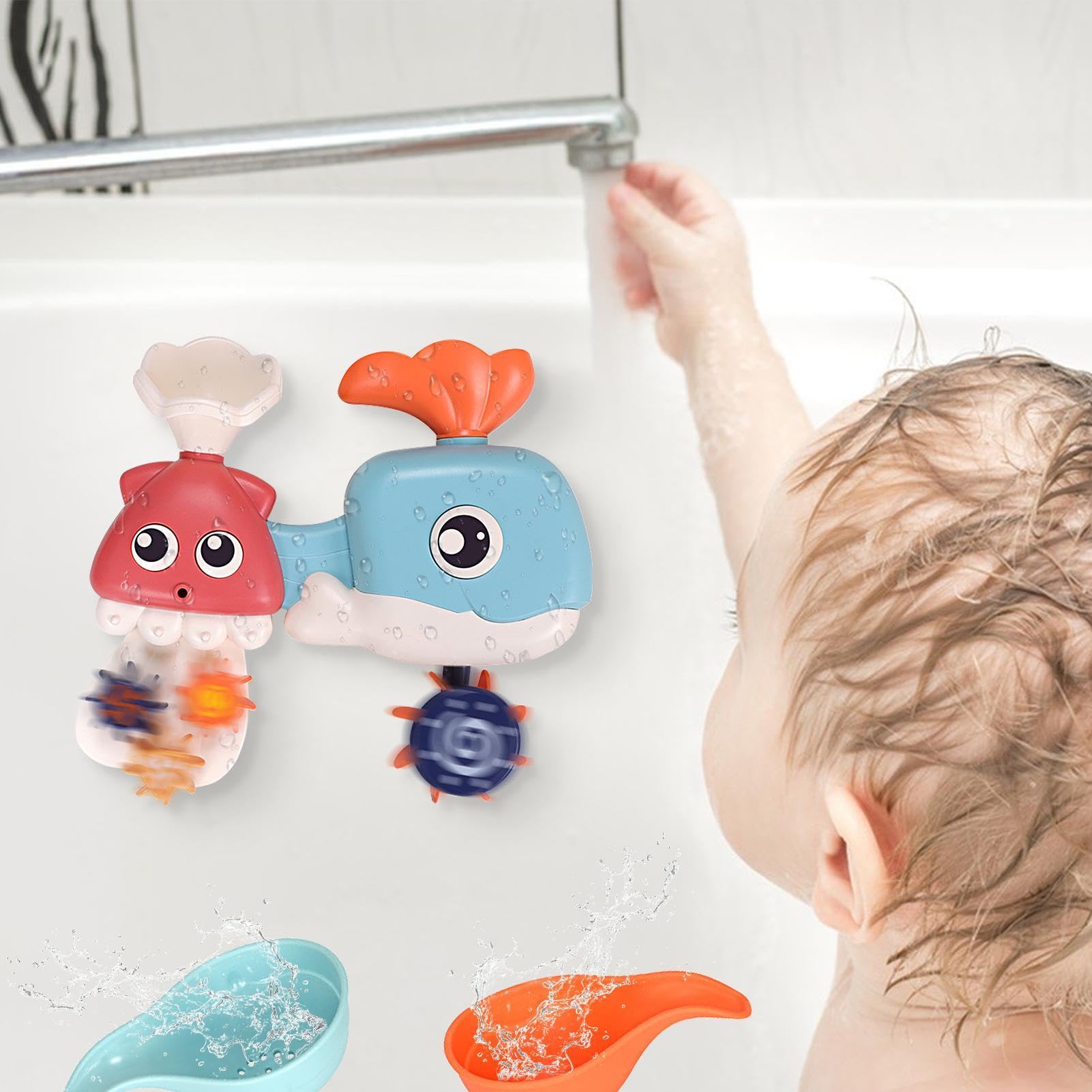 Whale Bathtub Toy for Kids - Waterwheel Bathing Toy with 2 Spoons | Suction Cup Spinner, Pool & Bathtub Squirt Toy for Toddlers | Fun Bath Time Gift for Boys & Girls | Perfect for Sensory Play & Water Learning Activities