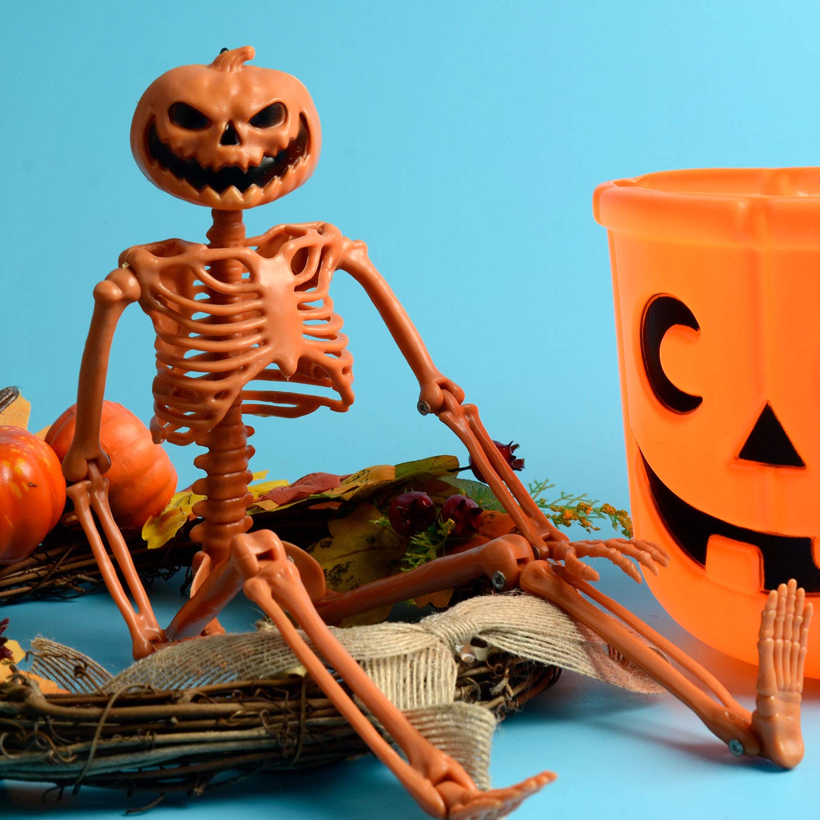 16'' Halloween Skeleton Decor - Full Body Pumpkin Head Skeleton for Halloween Party, Haunted House & Outdoor Yard Decoration