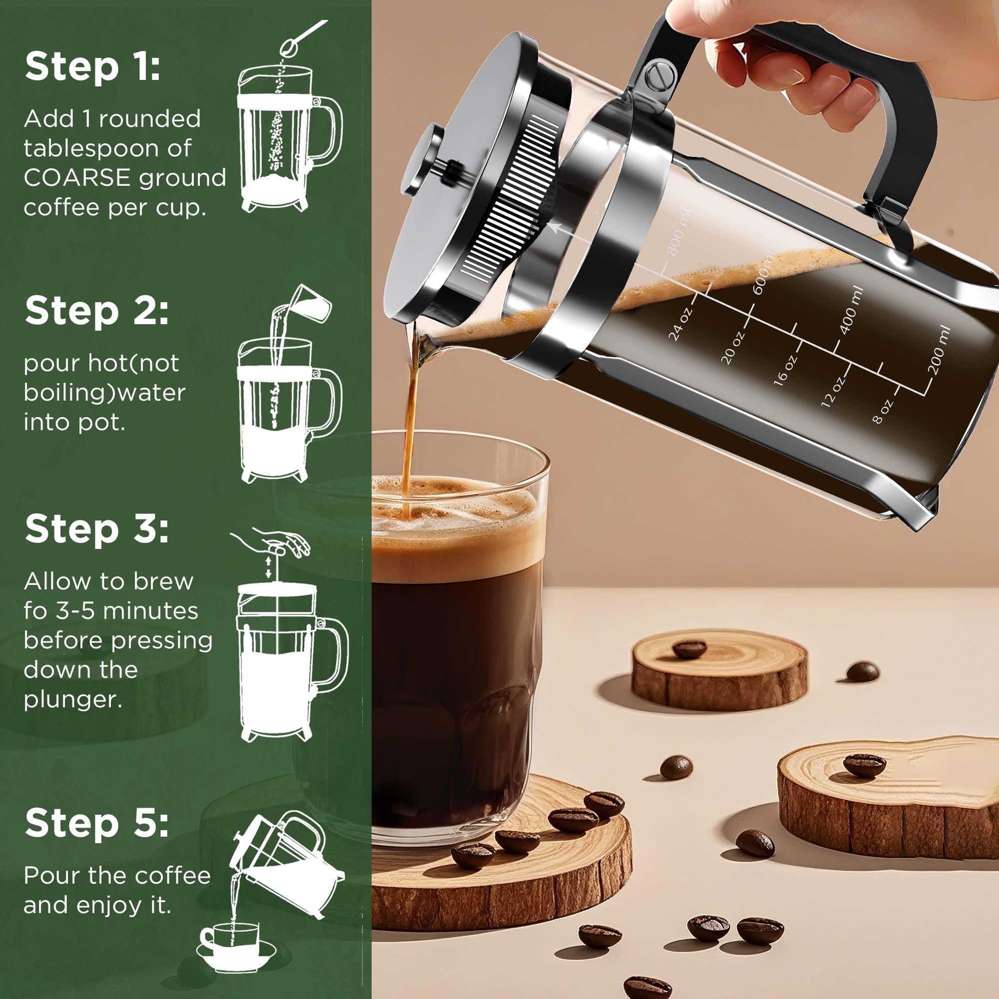 Premium Stainless Steel French Press Coffee Maker - 34oz (1L) Borosilicate Glass, Heat Resistant for Hot & Cold Brew Coffee, Tea & Espresso - Perfect for Home, Office & Camping Use