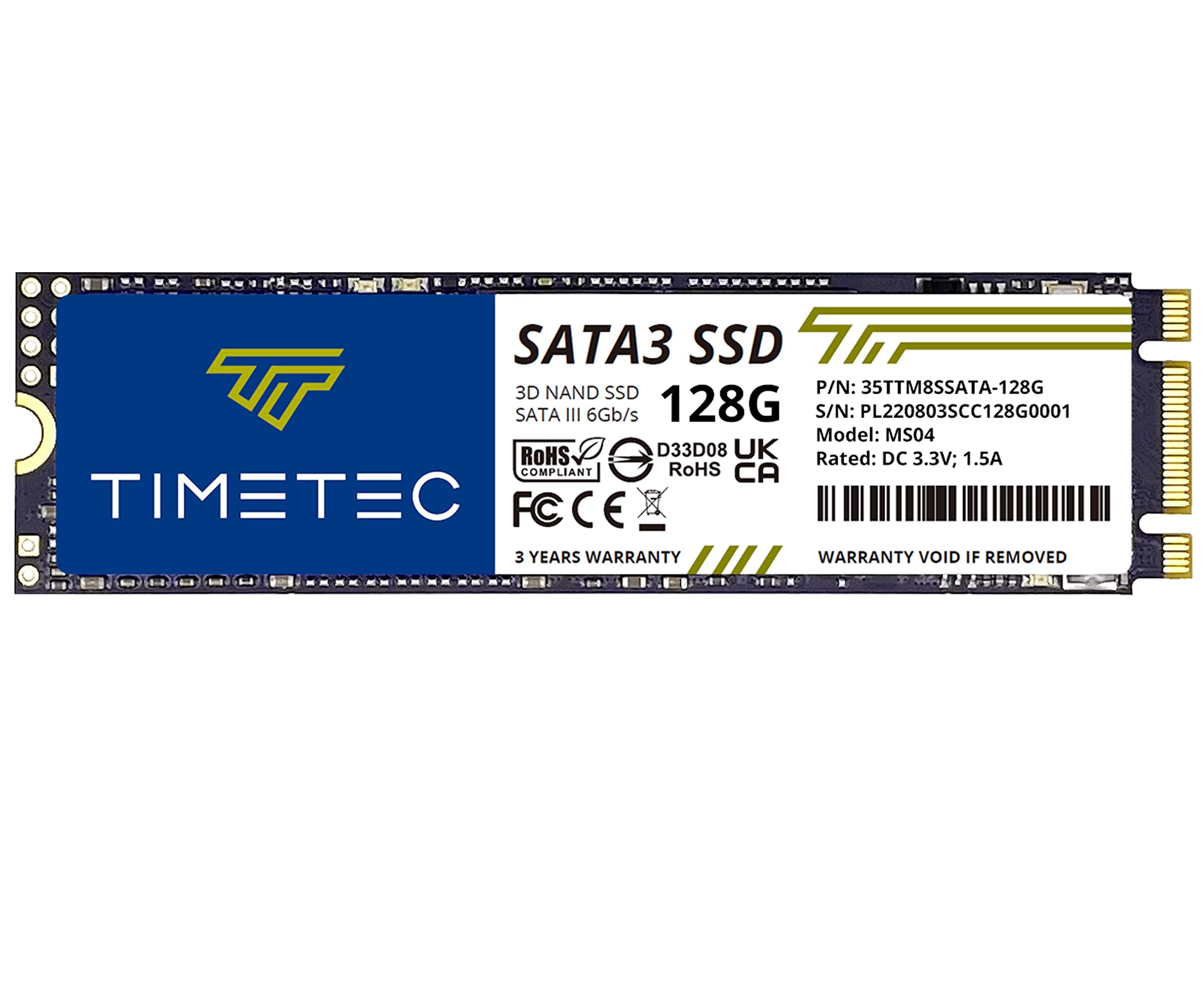 Timetec 128GB SSD 3D NAND SATA III 6Gb/s M.2 2280 Internal Solid State Drive - Up to 550MB/s Read Speed, SLC Cache, 64TBW - Compatible with PC, Laptop & Desktop - Perfect for Gaming, Office Work & Fast Boot Times