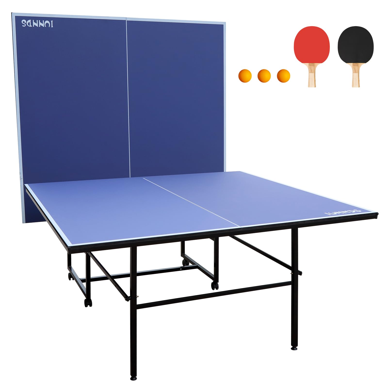 Regulation Size Folding Ping Pong Table with Wheels - Portable Indoor/Outdoor Table Tennis Set Includes 2 Paddles, 2 Balls & Net - Perfect for Home, Office, Backyard or Gym Use (Blue)